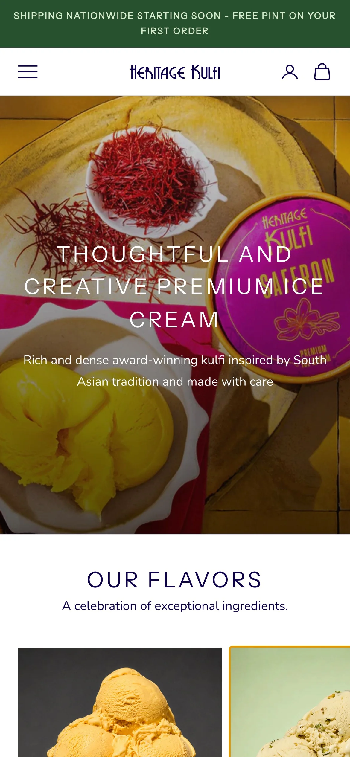 Heritage Kulfi mobile homepage with a Saffron kulfi hero and the Our Flavors heading.