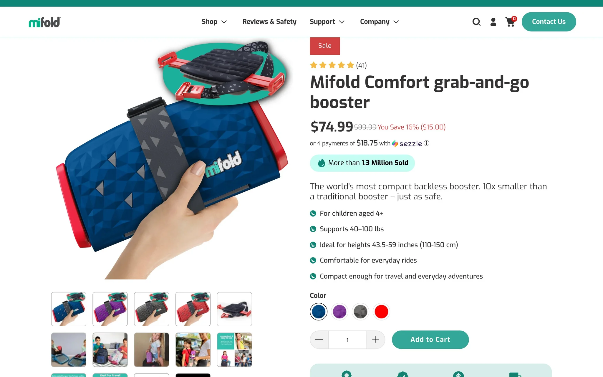 Mifold Comfort product page with sale pricing, Sezzle installments, sold-count badge, specifications, colour swatches and Add to Cart.