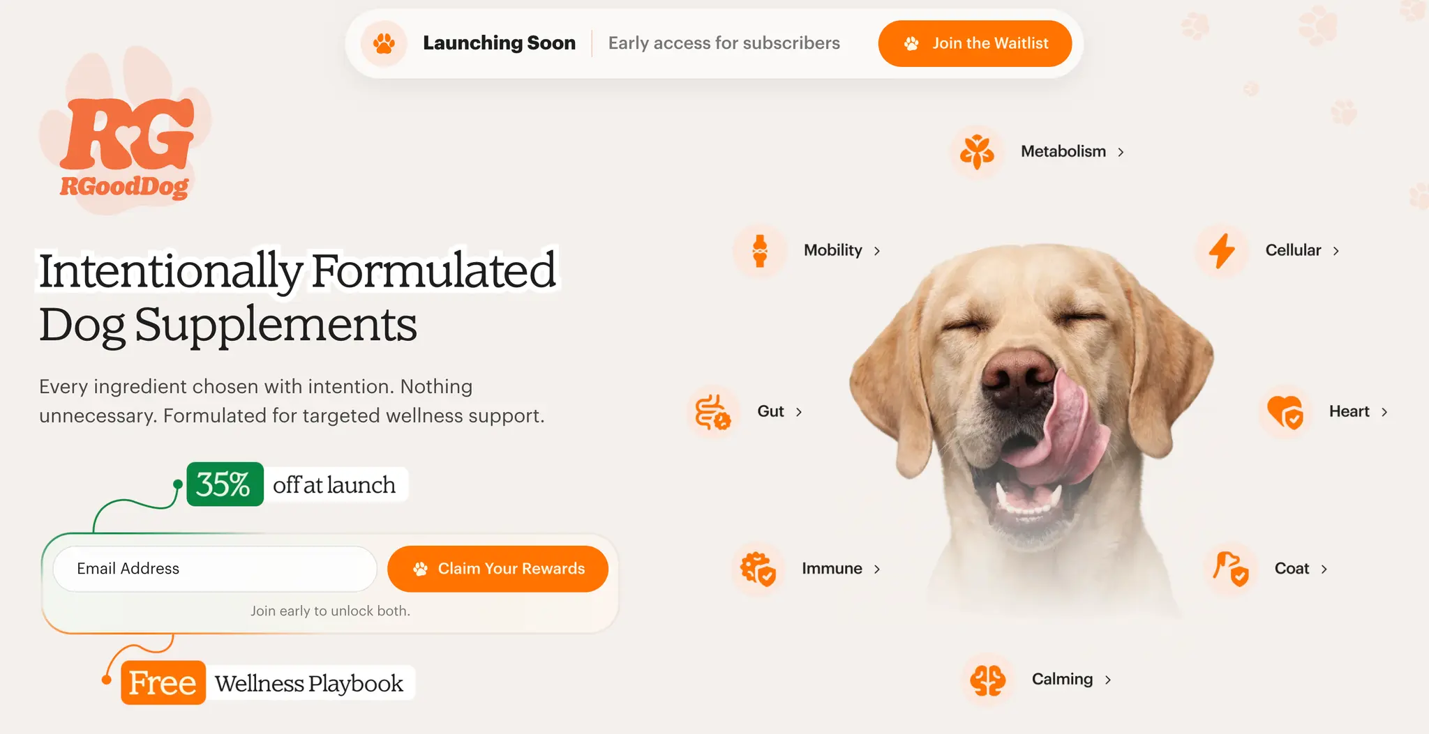 R Good Dog pre-launch page titled Intentionally Formulated Dog Supplements with a launch discount offer and waitlist signup