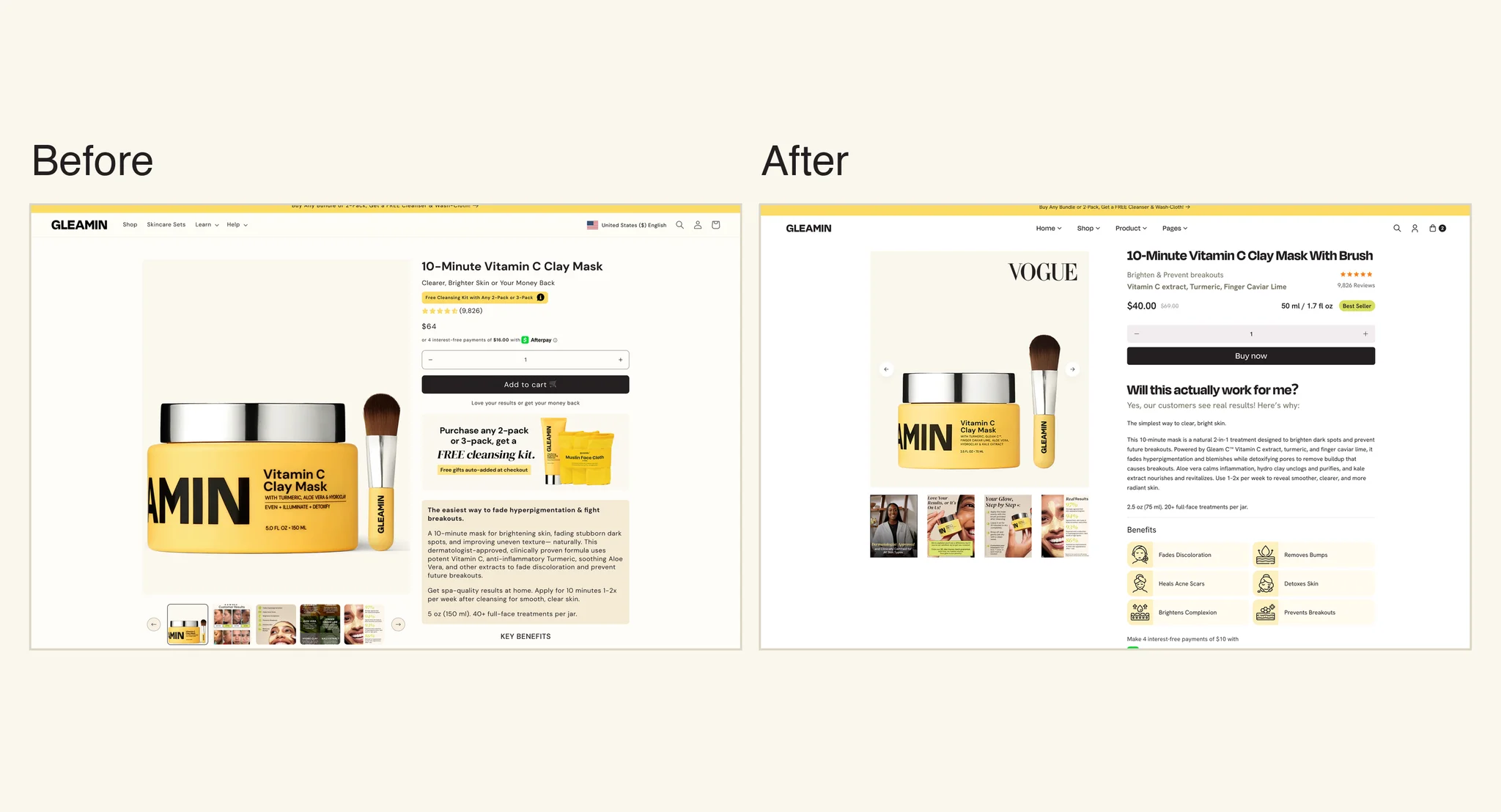 Side by side comparison of the old Gleamin product page and the redesigned product page from the design files