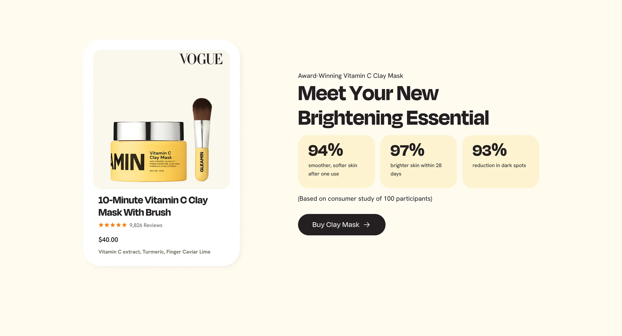"Meet Your New Brightening Essential" block with the 10-Minute Vitamin C Clay Mask card and three consumer study figures: 94%, 97% and 93%