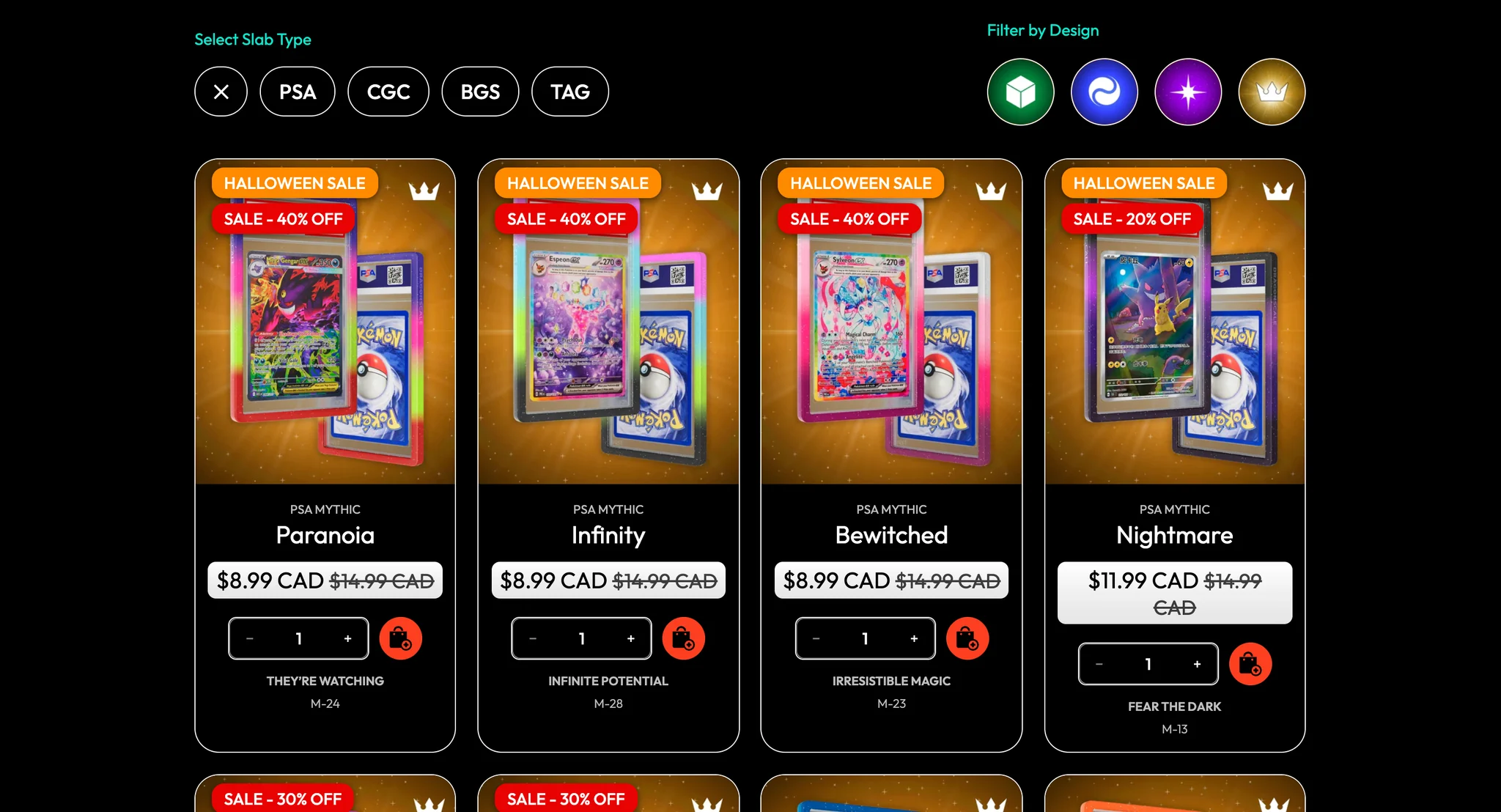 Guards collection page with Select Slab Type chips for PSA, CGC, BGS and TAG and Filter by Design icons, above four PSA Mythic cards, Paranoia, Infinity, Bewitched and Nightmare, each with its sale price, quantity stepper, red add to cart button and tagline