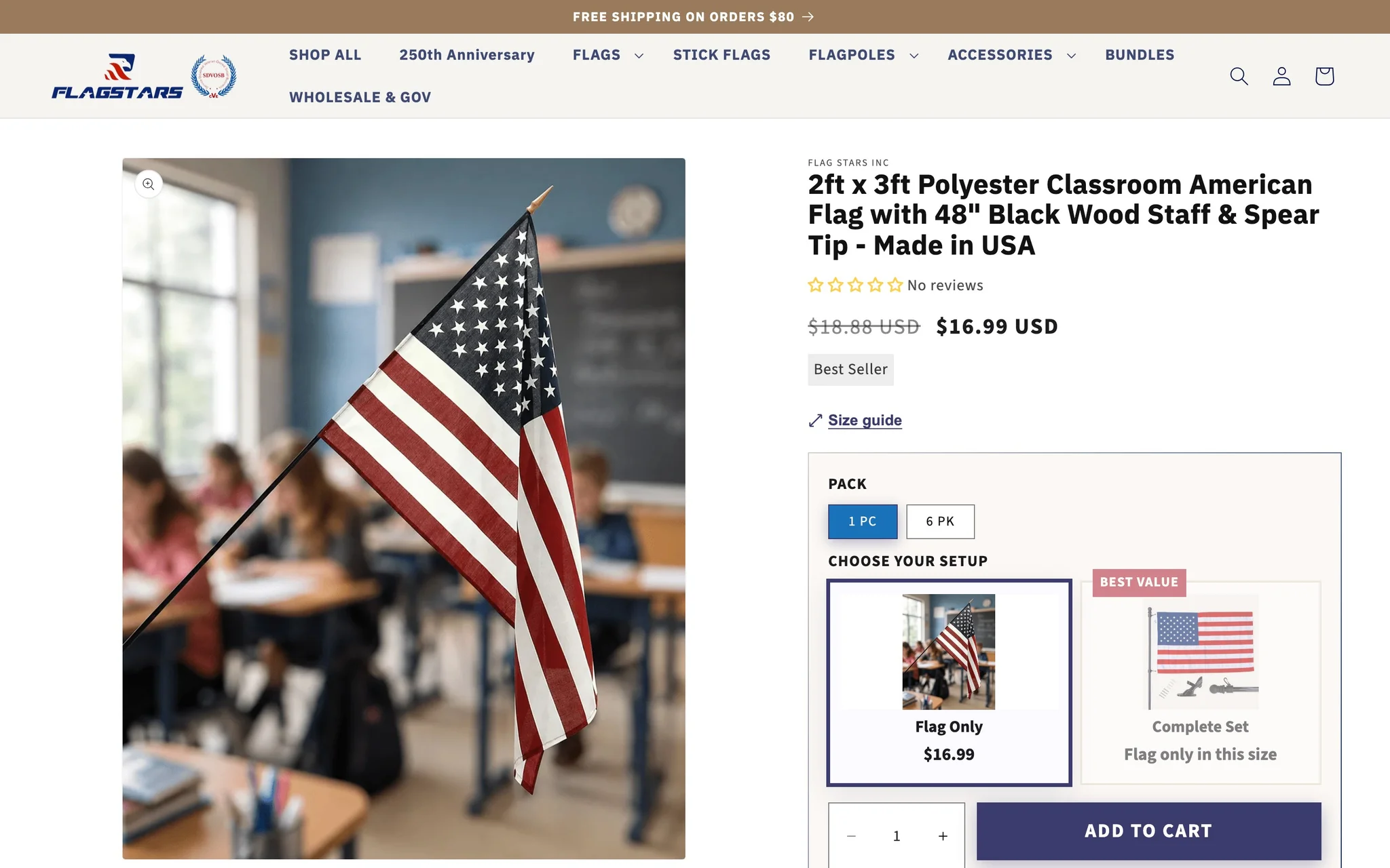 FlagStars product page for a classroom American flag with pack options and a Flag Only or Complete Set choice.