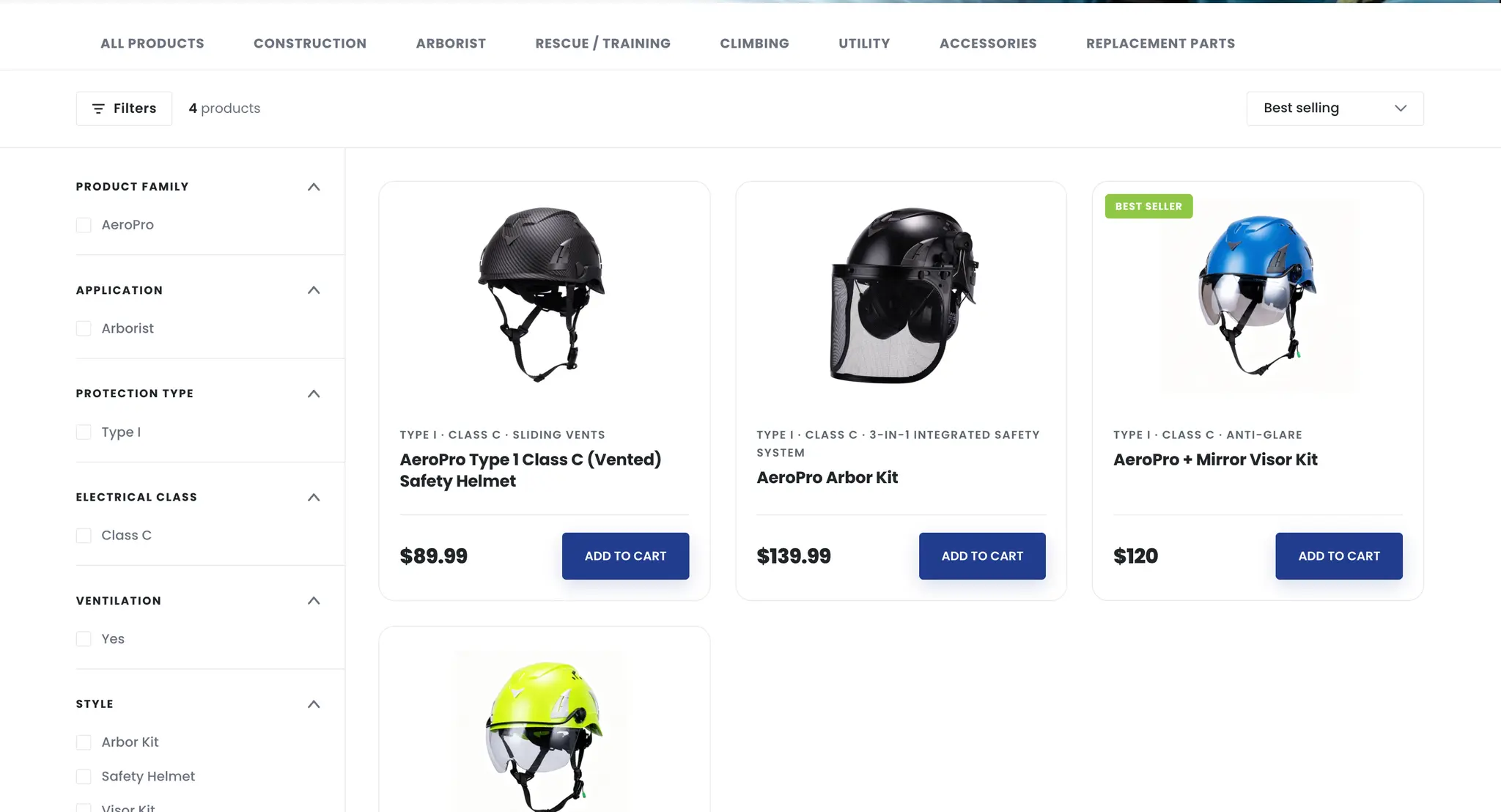 LAND Helmets all products collection page with industry navigation, faceted filters, and safety helmet product cards