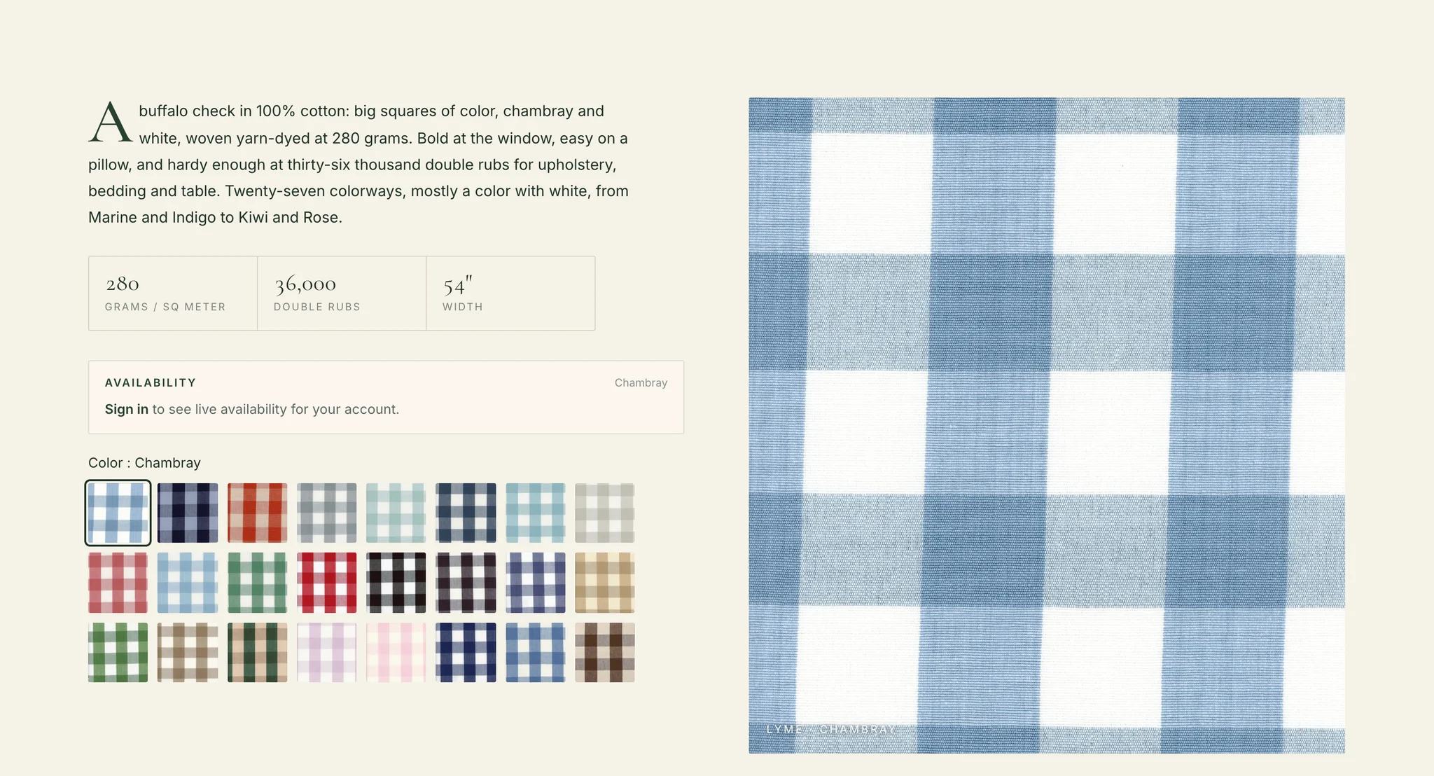 Lyme product details: spec tiles for 280 grams per square metre, 36,000 double rubs and 54 inch width, a sign-in prompt for live availability and a 27-colour swatch grid