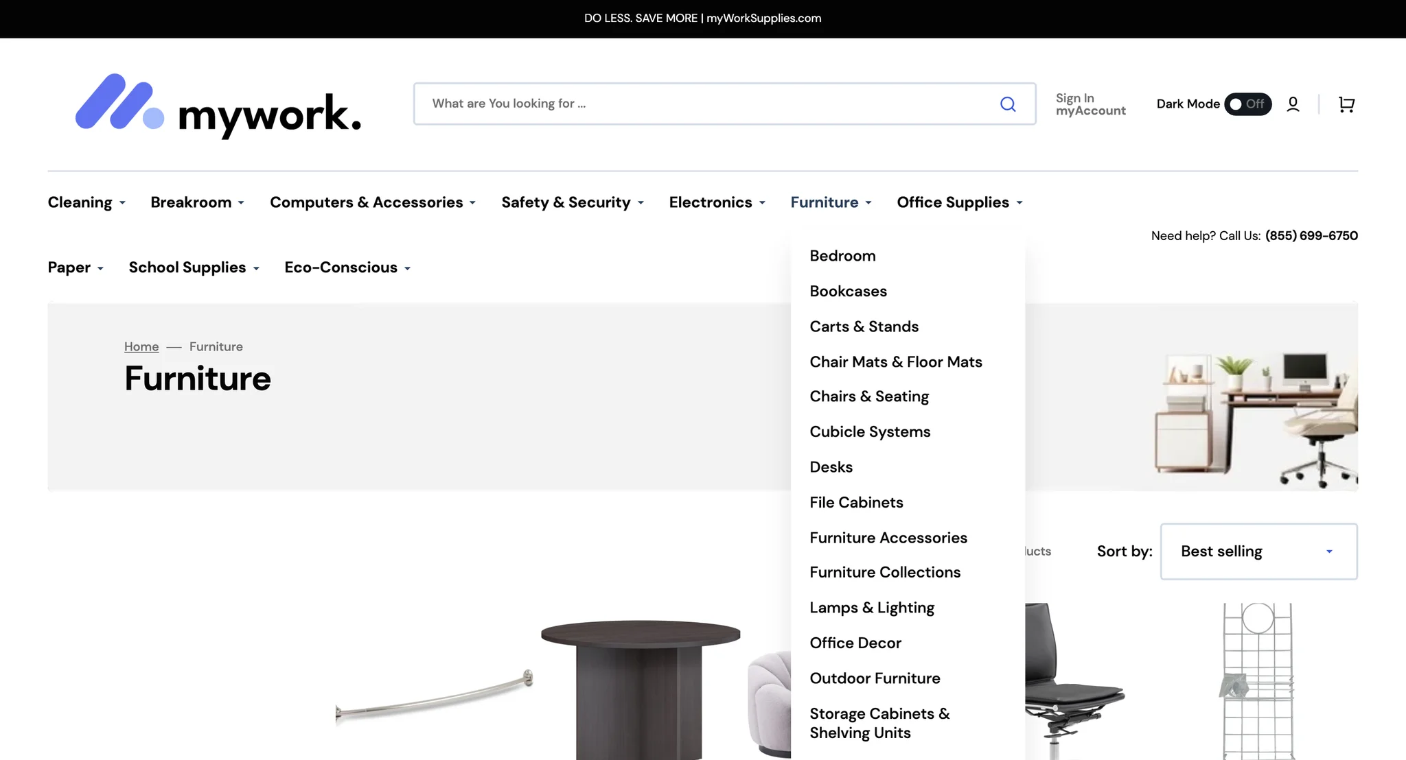 Furniture menu open over the Furniture collection, listing Bedroom, Bookcases, Carts & Stands, Chairs & Seating, Desks, File Cabinets, Lamps & Lighting and more