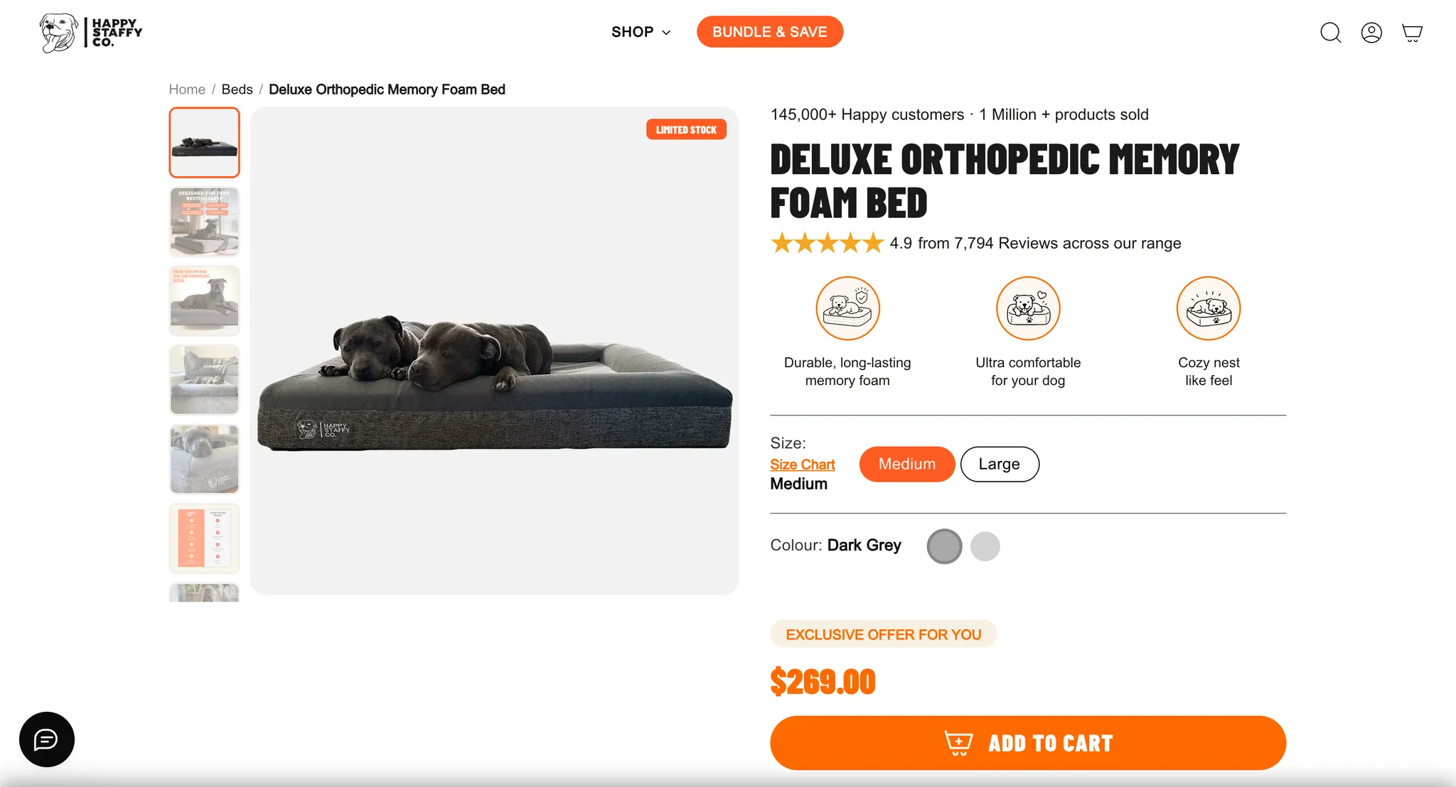 Deluxe Orthopedic Memory Foam Bed product page with a Staffy lying on the bed, Medium and Large size buttons, colour swatches, the $269 price and add to cart