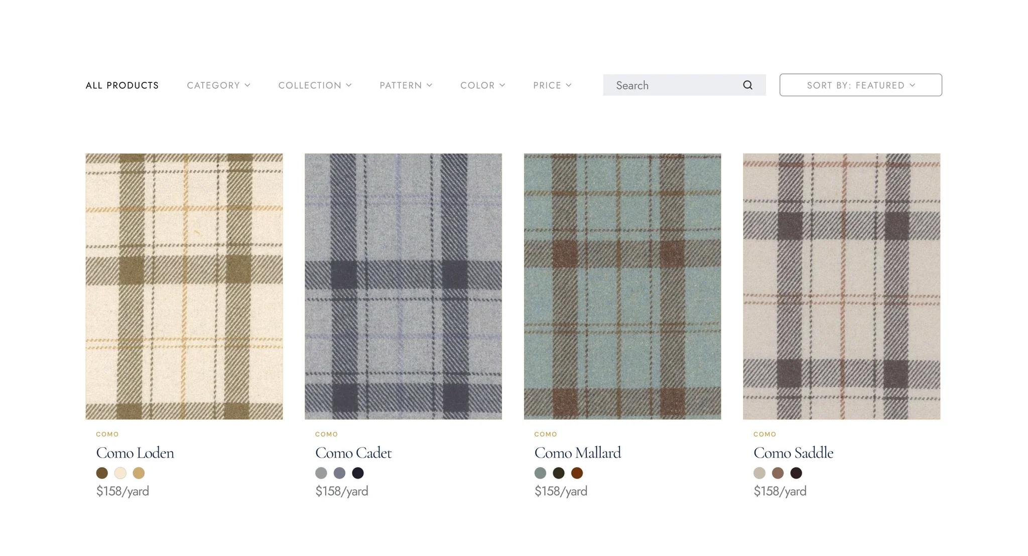 Fabrics listing with the filter and sort bar above four plaid fabric cards, Como Loden, Como Cadet, Como Mallard and Como Saddle, each with three colour swatches and a price per yard