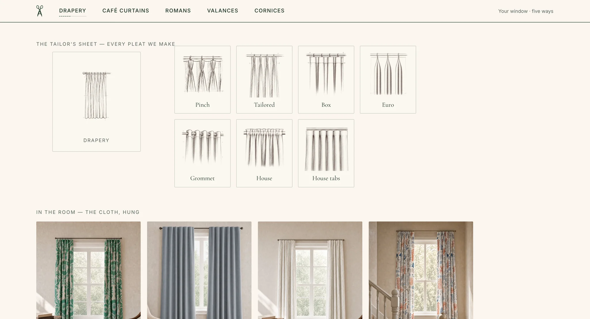 Pencil sketches of seven pleat styles (Pinch, Tailored, Box, Euro, Grommet, House, House tabs) above four in-room drapery photos