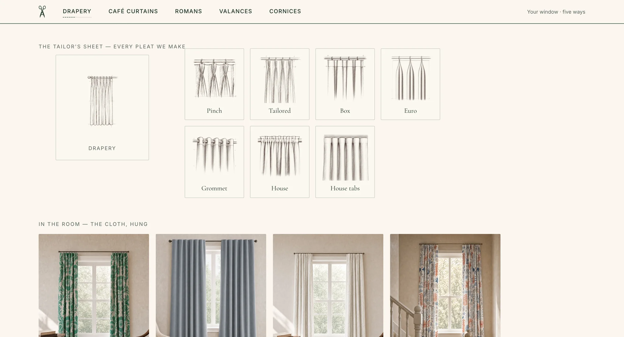 Pencil sketches of seven pleat styles (Pinch, Tailored, Box, Euro, Grommet, House, House tabs) above four in-room drapery photos