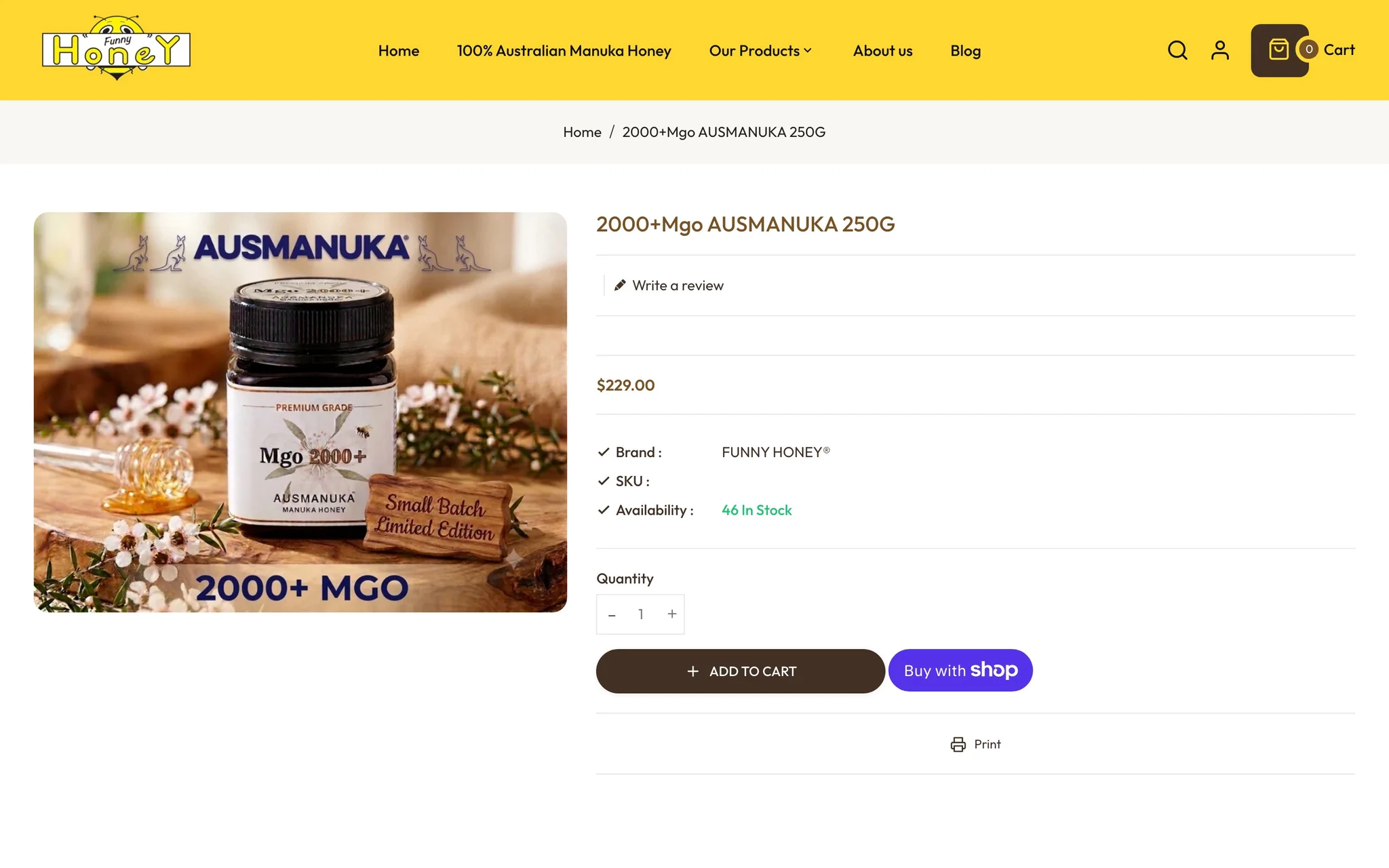 Funny Honey product page for 2000+ MGO Ausmanuka 250 g with price, live stock count, quantity selector, Add to Cart and Buy with Shop buttons.