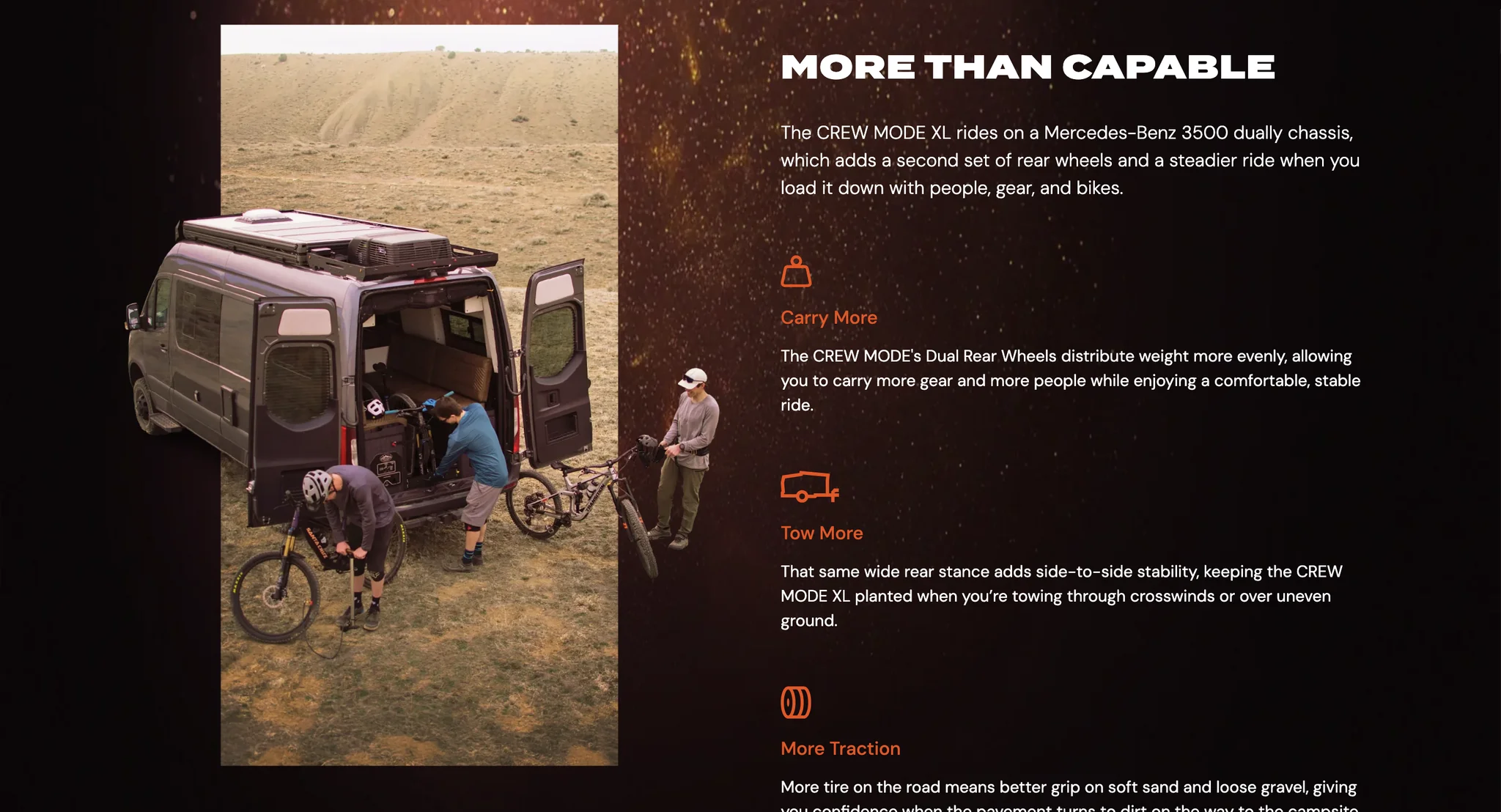 More Than Capable section with a photo of riders unloading bikes from the van and points on carrying, towing and traction