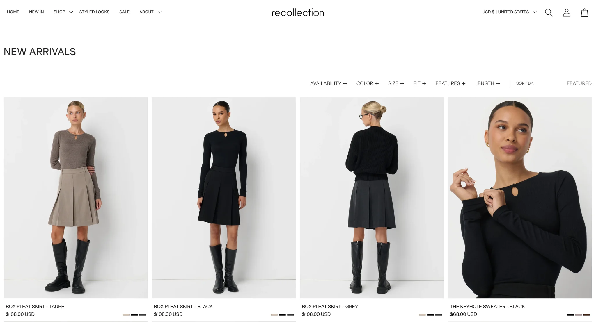 New Arrivals collection page with the filter bar and cards for the Box Pleat Skirt in taupe, black and grey at $108.00 and The Keyhole Sweater in black at $68.00, each with small colour swatches