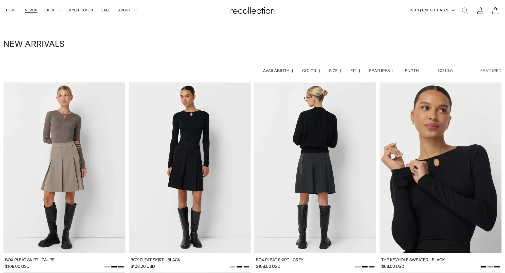 New Arrivals collection page with the filter bar and cards for the Box Pleat Skirt in taupe, black and grey at $108.00 and The Keyhole Sweater in black at $68.00, each with small colour swatches