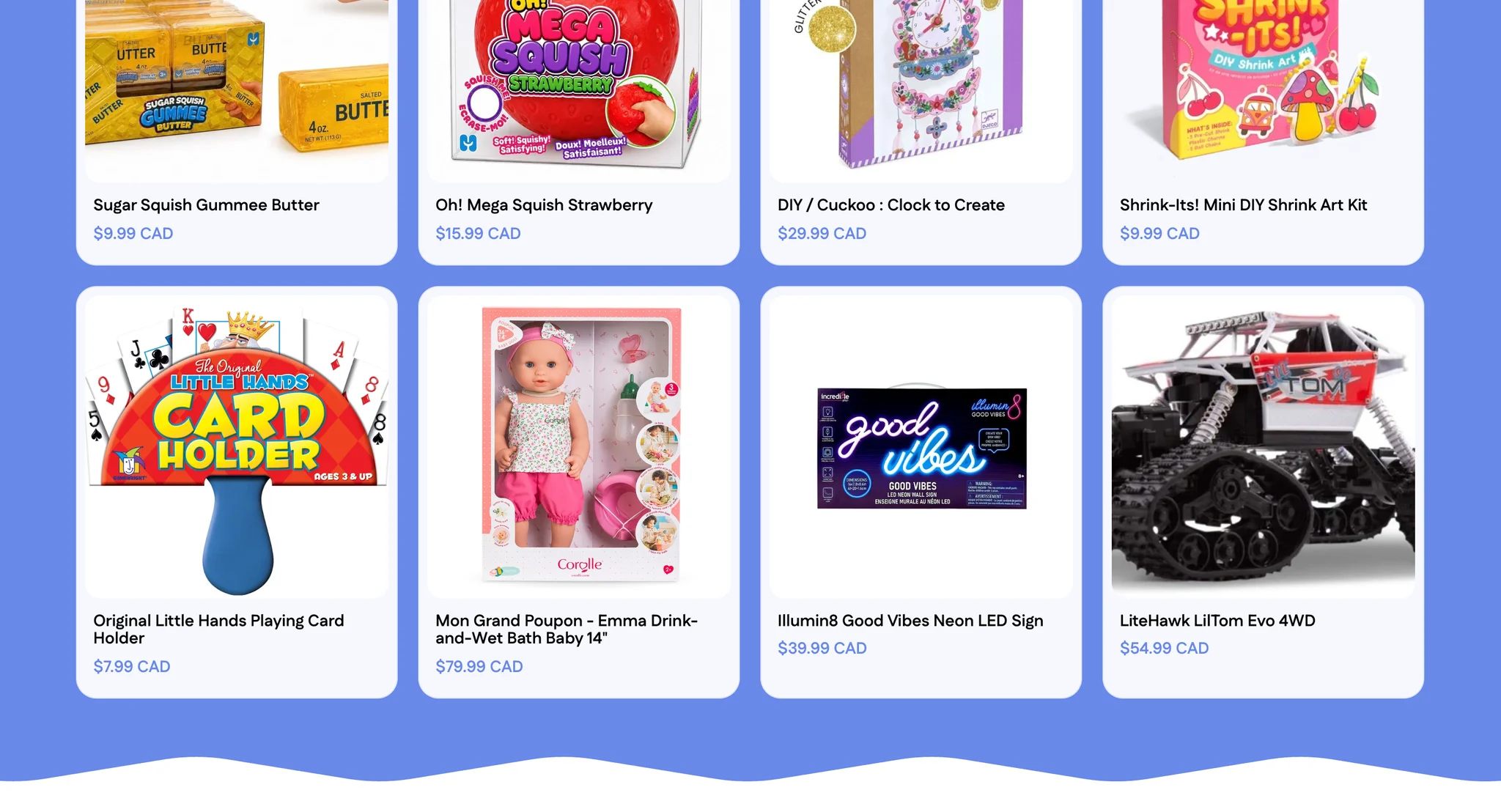 Second row of Newest Arrivals cards, from a Little Hands playing card holder and a Corolle bath doll to a Good Vibes neon LED sign and a LiteHawk LilTom Evo 4WD truck, above the periwinkle band's wavy bottom edge