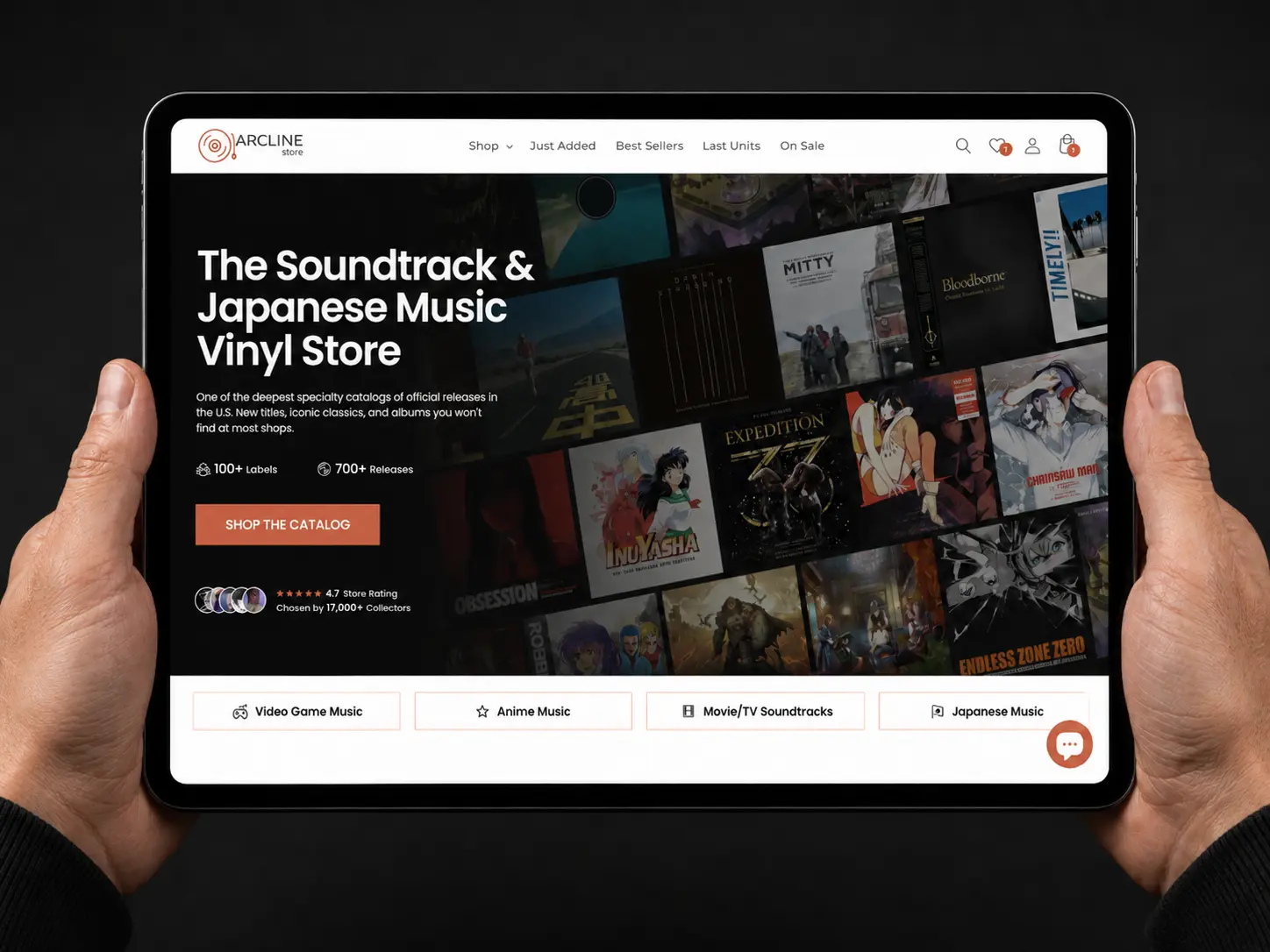 Hands holding a tablet showing the Arcline homepage, "The Soundtrack & Japanese Music Vinyl Store", over a collage of anime and game soundtrack record sleeves.