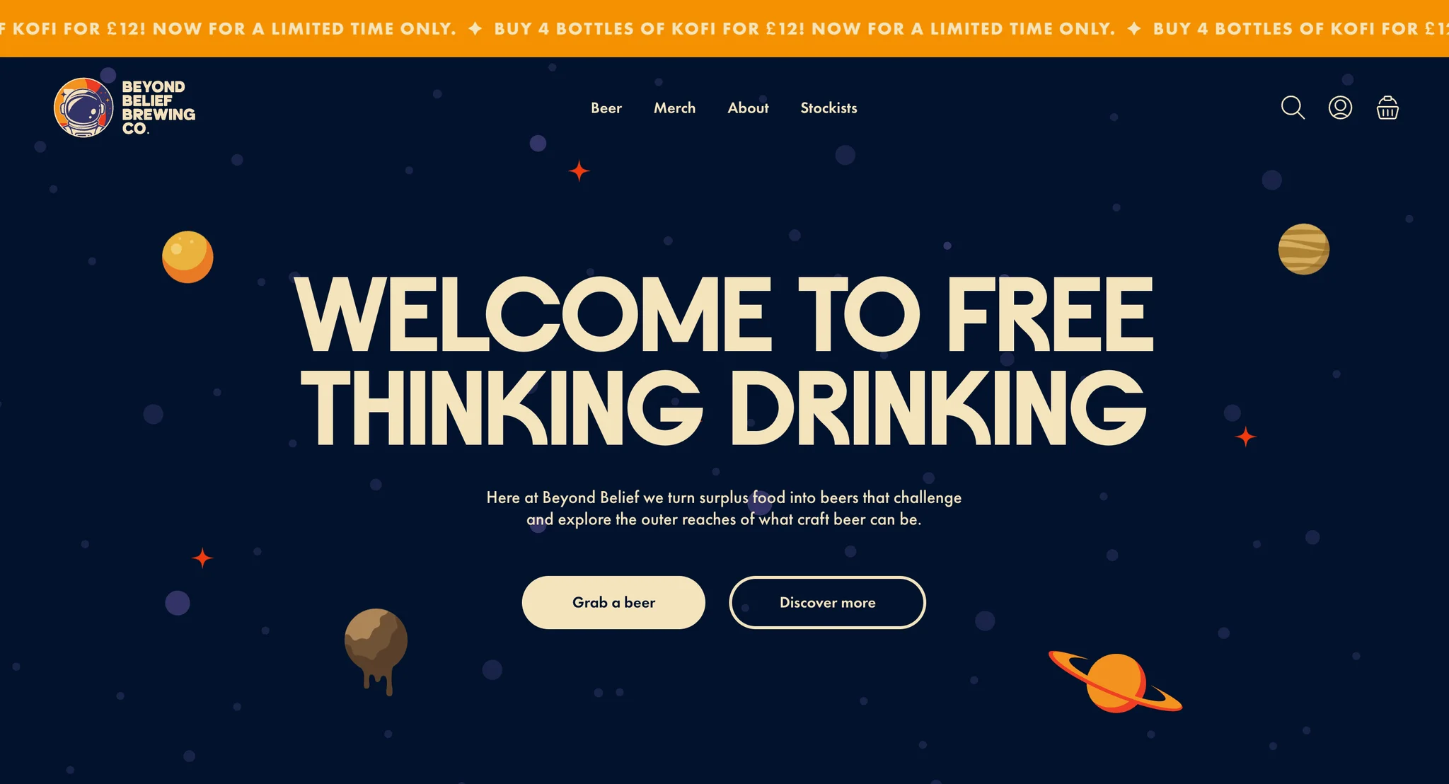 Homepage hero with the headline "Welcome to free thinking drinking", Grab a beer and Discover more buttons and illustrated planets