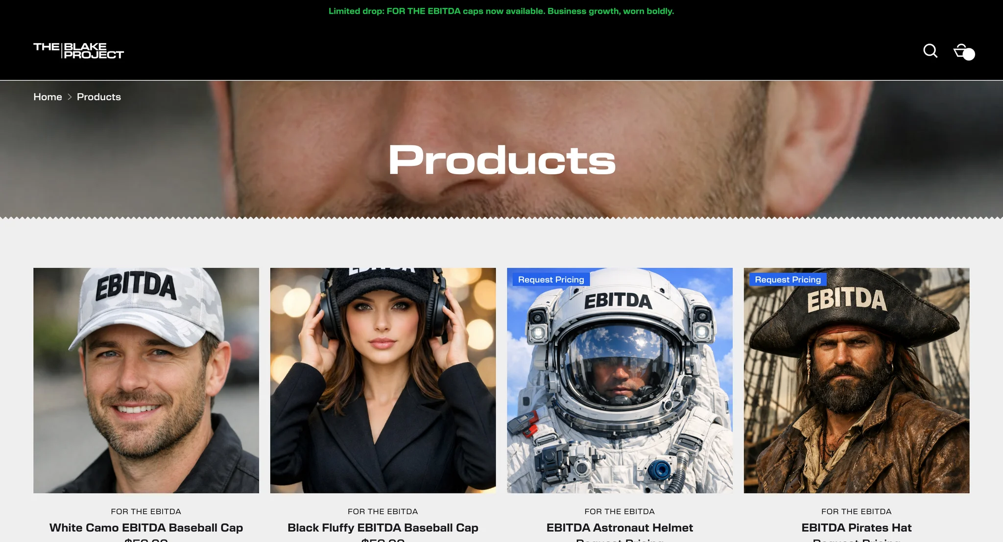 Products collection page with a banner and a four-column grid of EBITDA caps and statement headwear