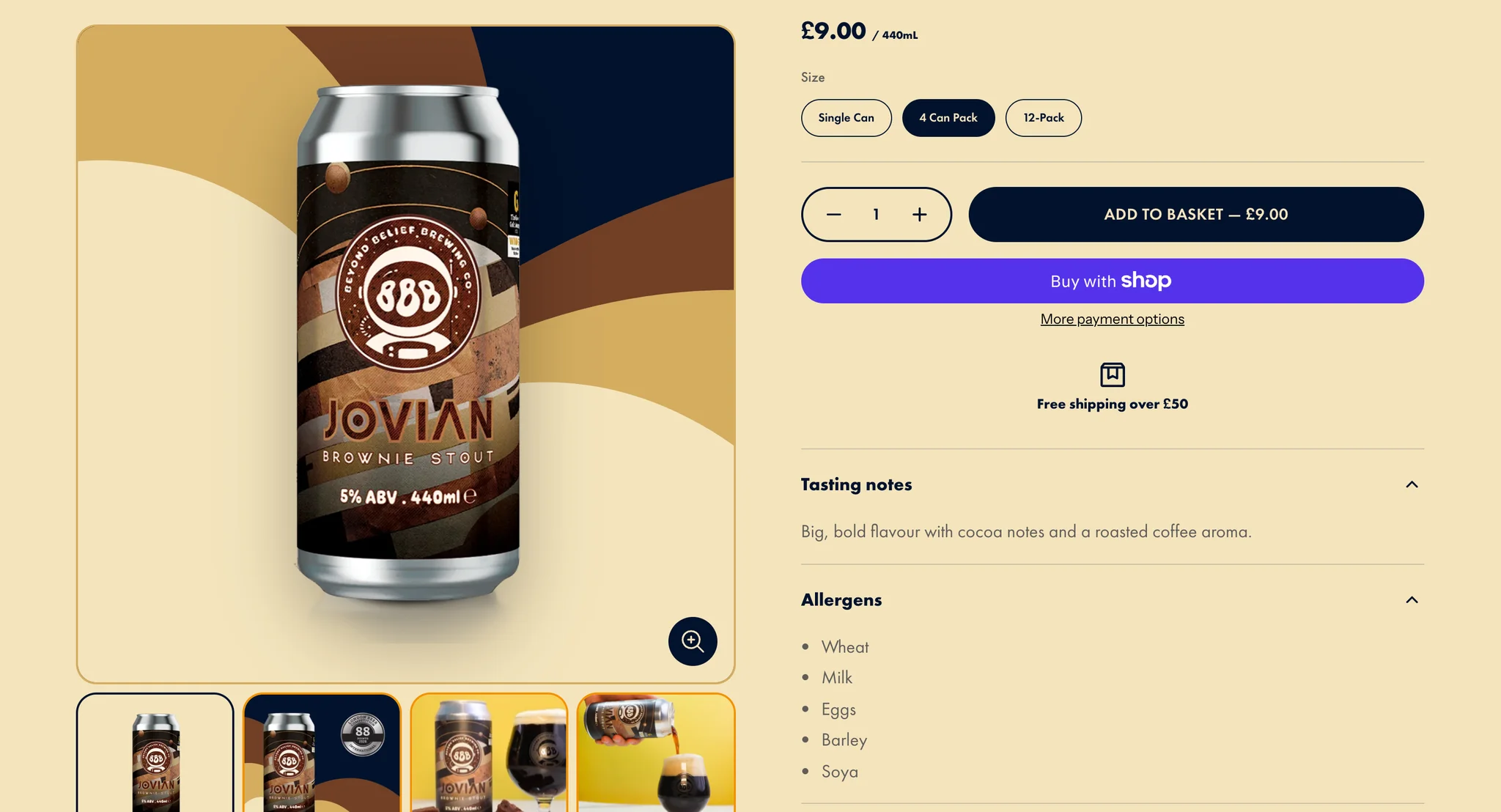 Jovian with the 4 Can Pack selected at 9 pounds, and open tasting notes and allergens panels