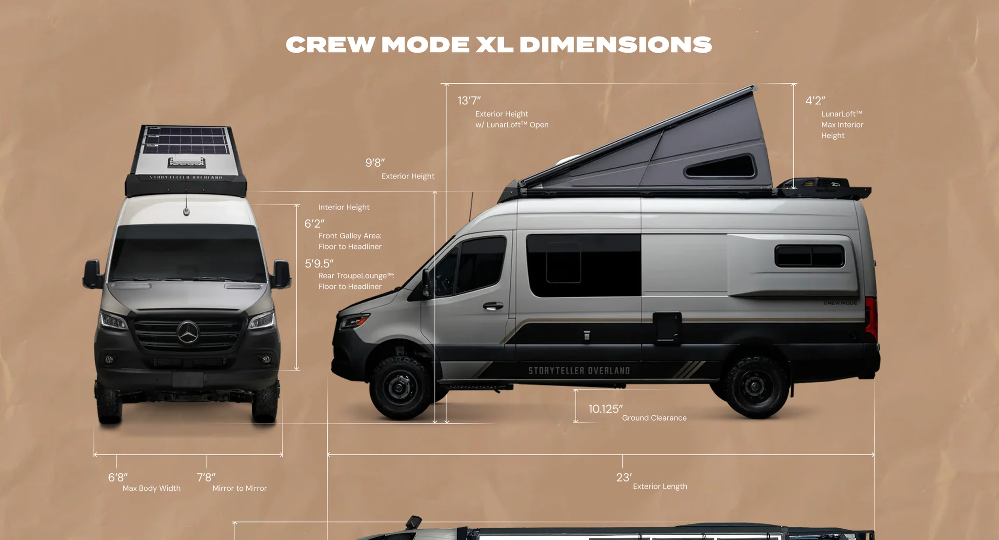 Crew MODE XL dimensions drawing with front and side views and measured heights, widths and length