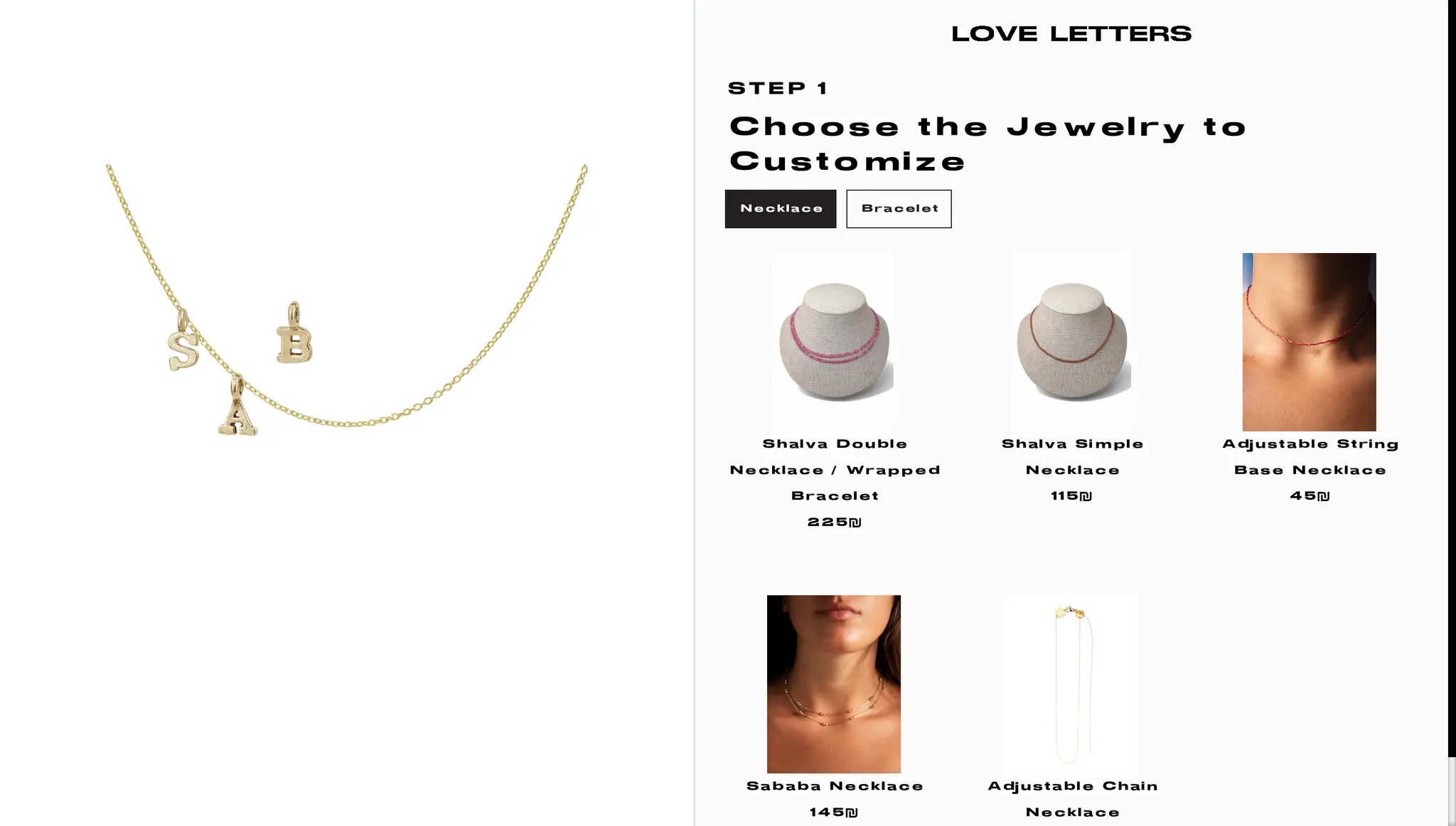 Ready-to-wear jewelry collection page with necklaces, bracelets, and charms on the Love Letters Shopify store
