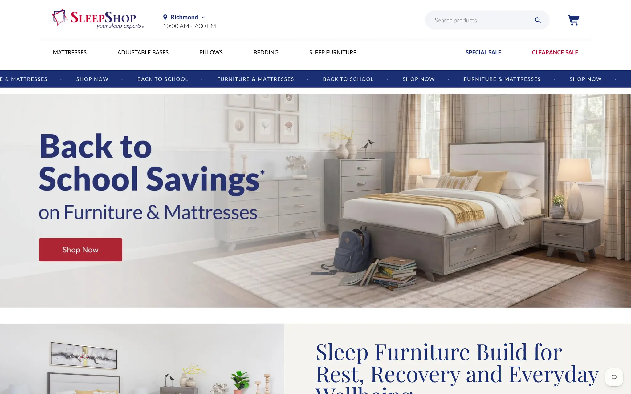 Sleep Shop homepage hero showing a “Back to School Savings on Furniture & Mattresses” banner over a styled bedroom, above a navy category navigation bar.