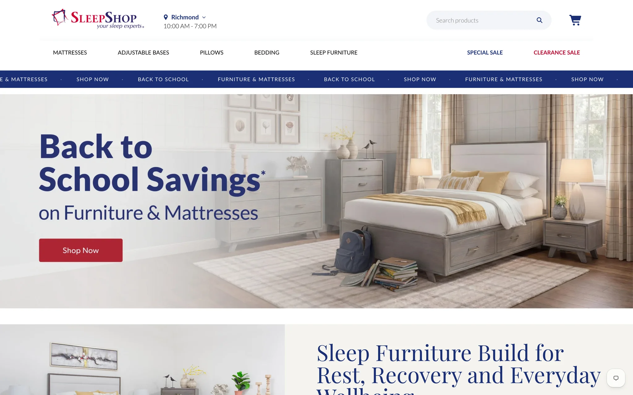 Sleep Shop homepage hero showing a “Back to School Savings on Furniture & Mattresses” banner over a styled bedroom, above a navy category navigation bar.