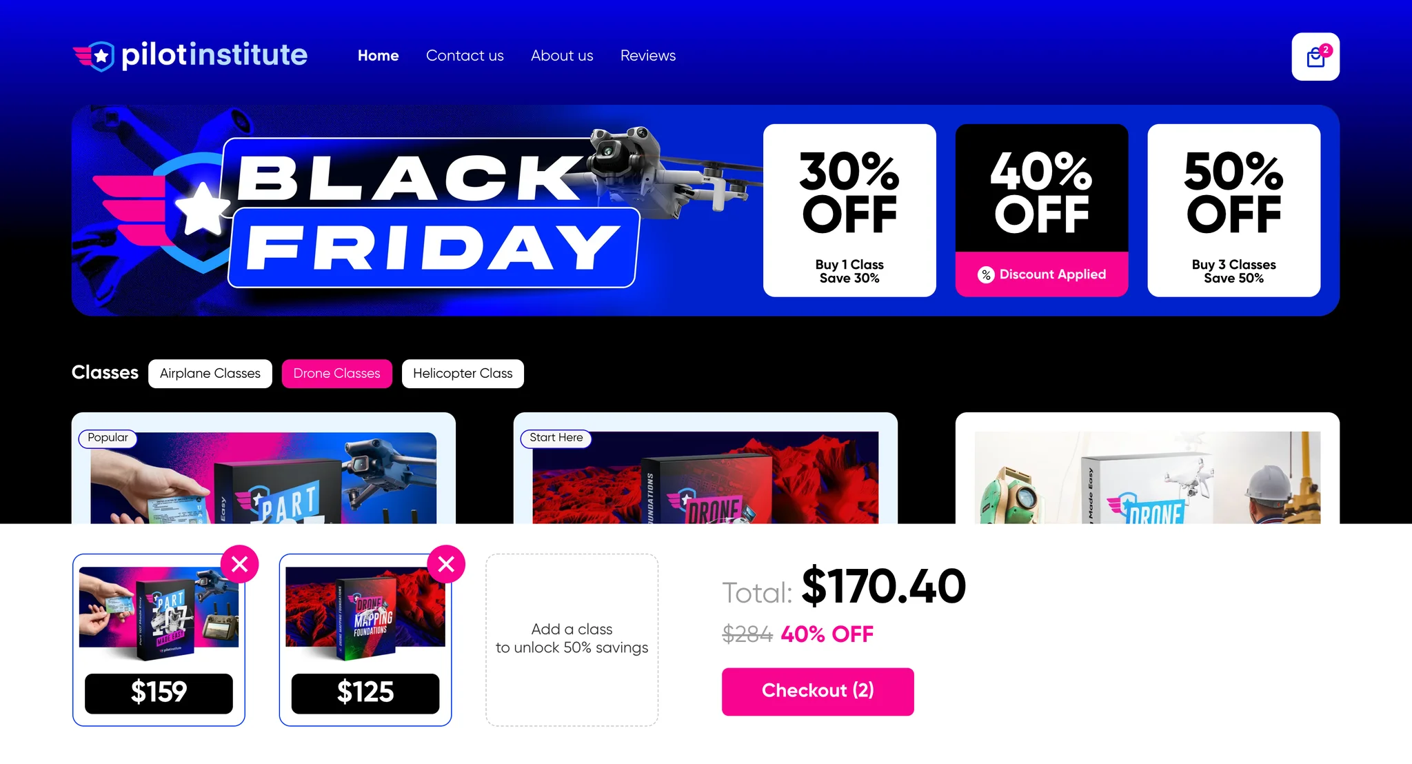 Two classes in the cart: the 40% tier is active and the cart bar total reads $170.40, down from $284