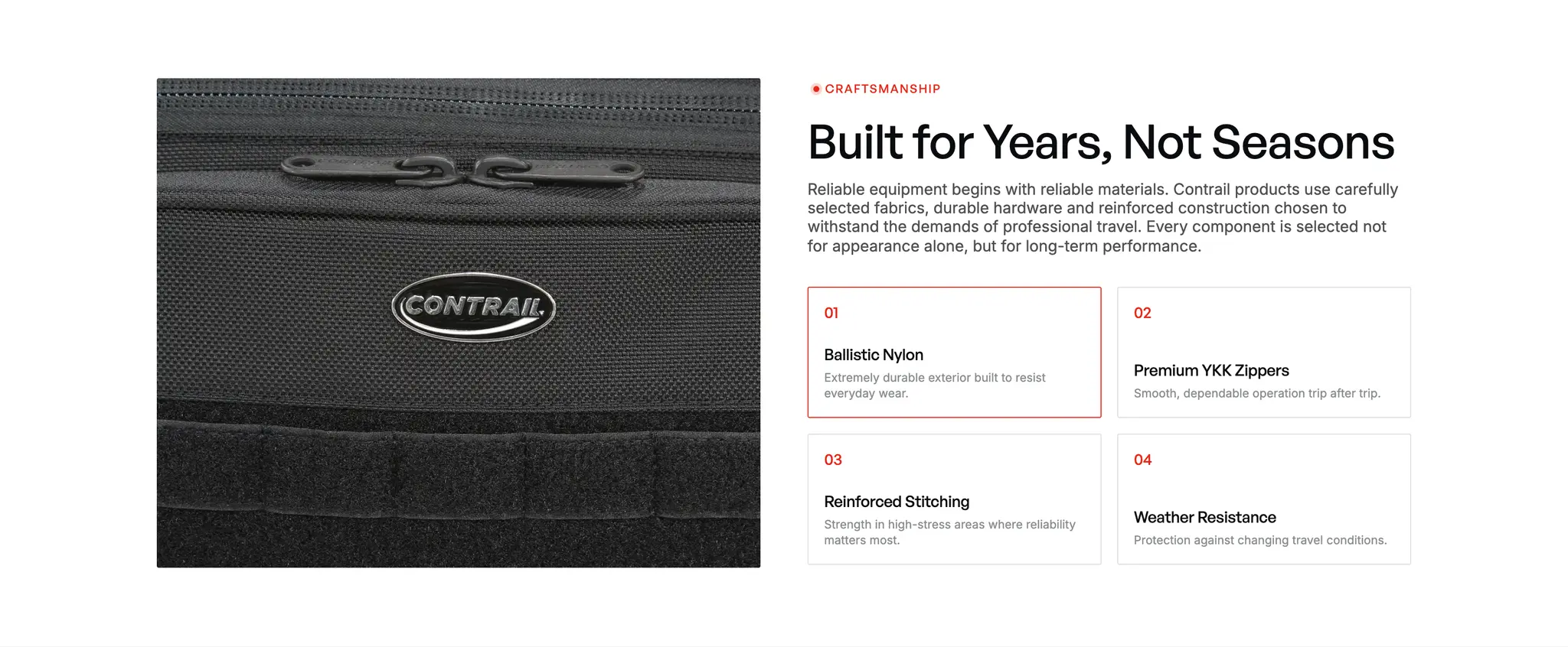 "Built for Years, Not Seasons" craftsmanship section on ballistic nylon, YKK zippers, reinforced stitching and weather resistance.