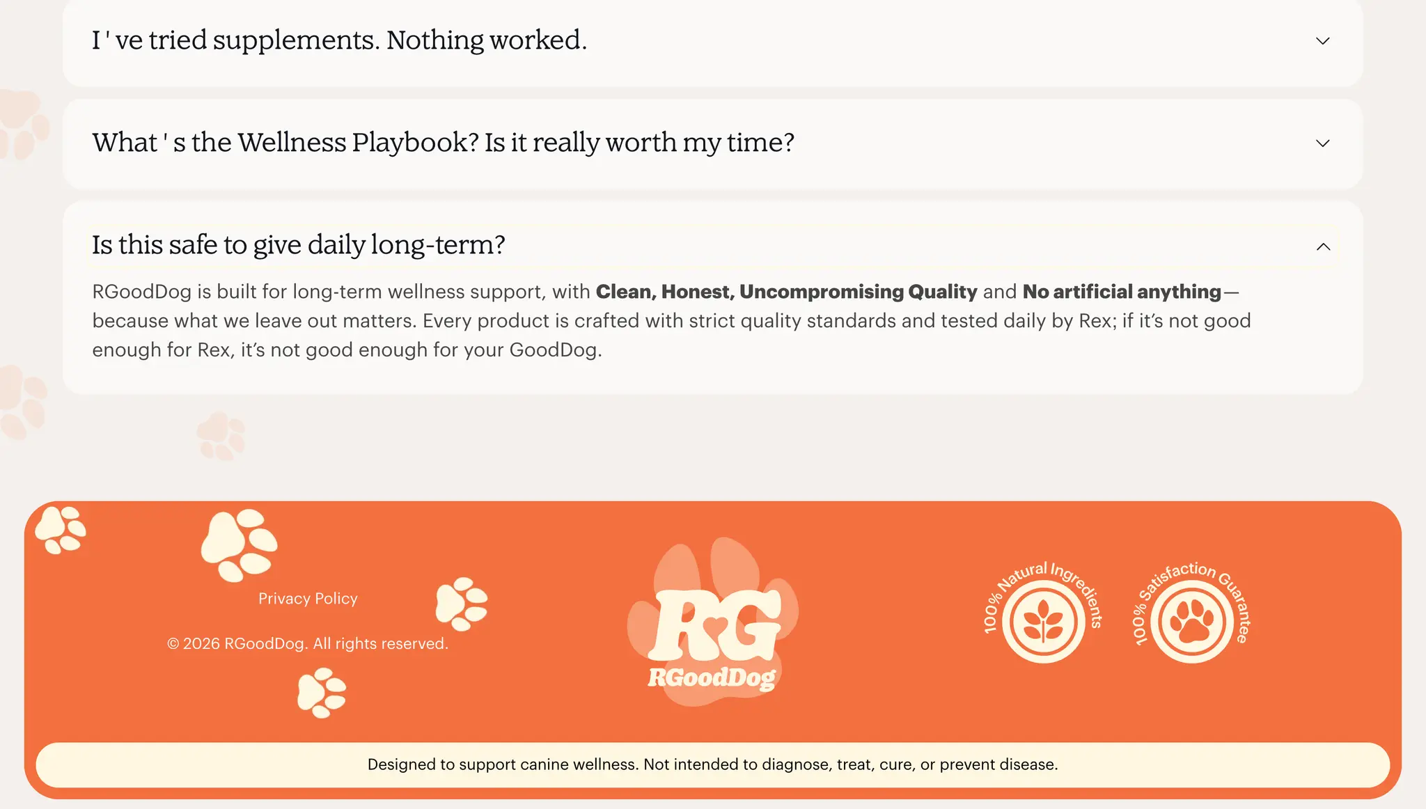 R Good Dog website footer with the RGoodDog paw logo, shop and support navigation links, a newsletter email signup, and social media icons