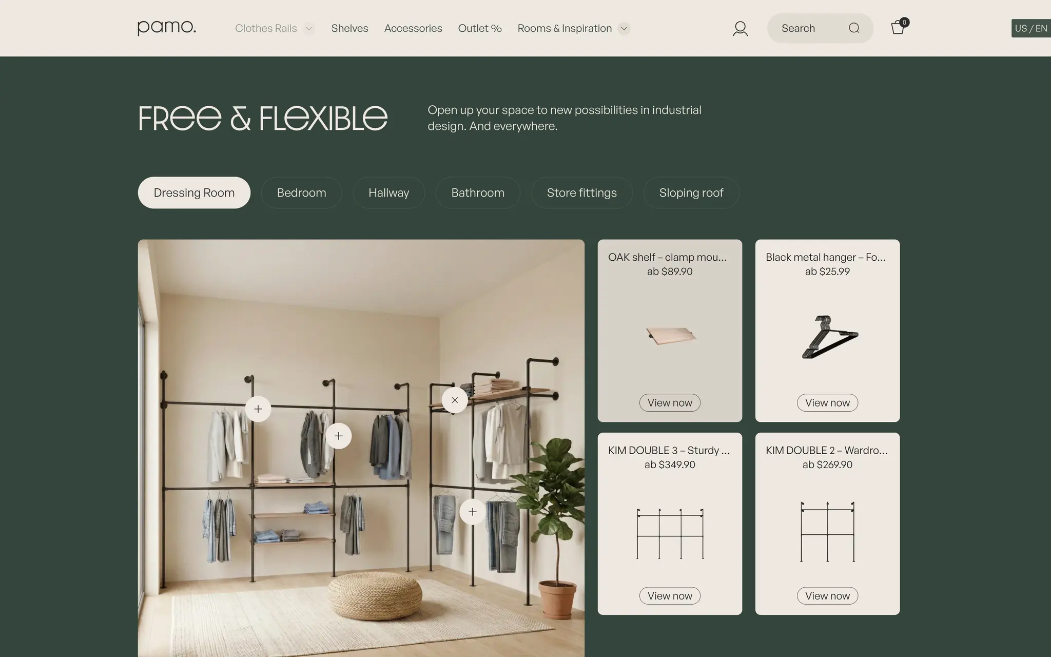 pamo. “Free & flexible” homepage module with room tabs and a dressing-room photo marked with hotspots that open the products shown in the scene.