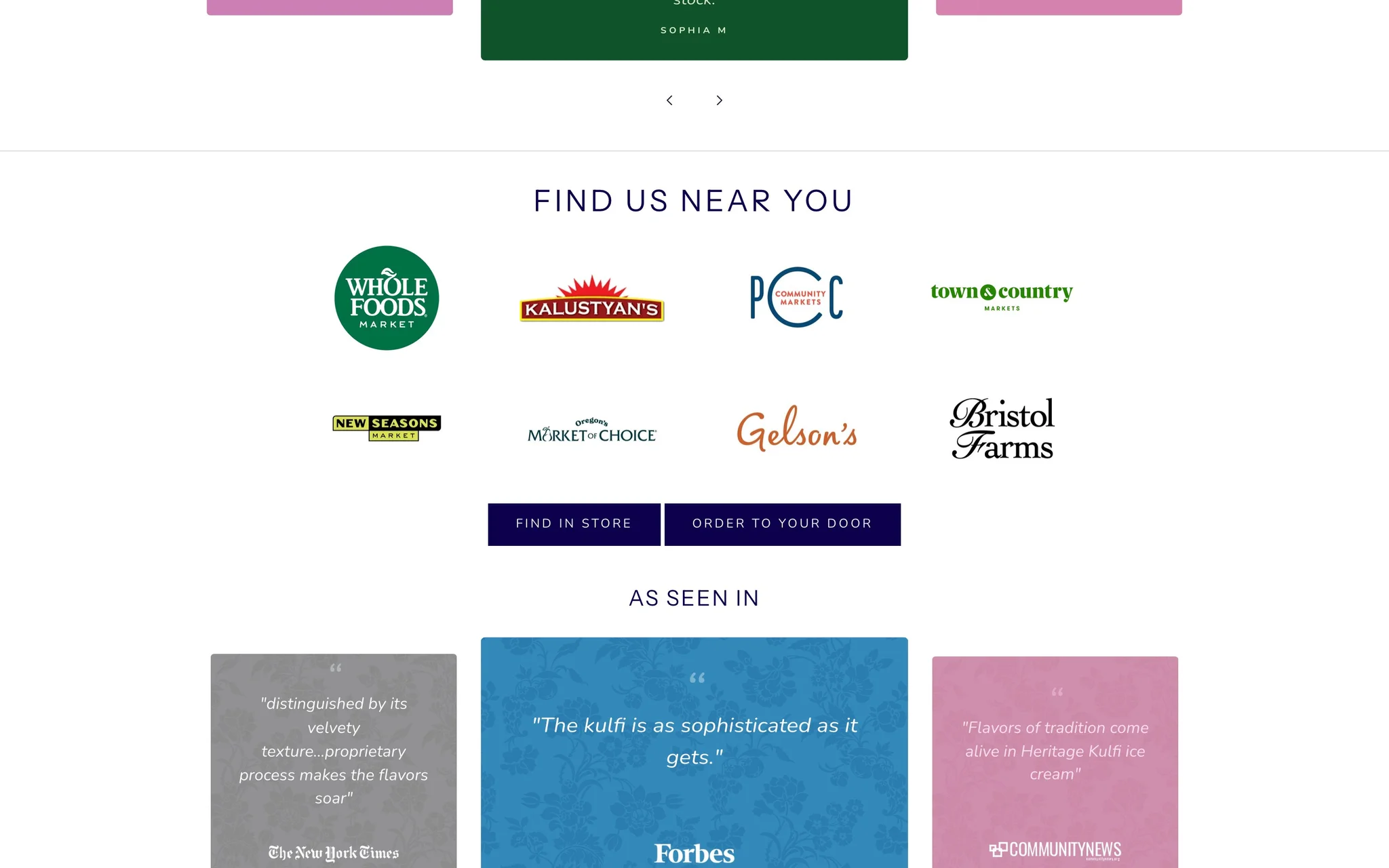 Heritage Kulfi Find Us Near You section with retailer logos, Find in Store button and As Seen In press quotes.