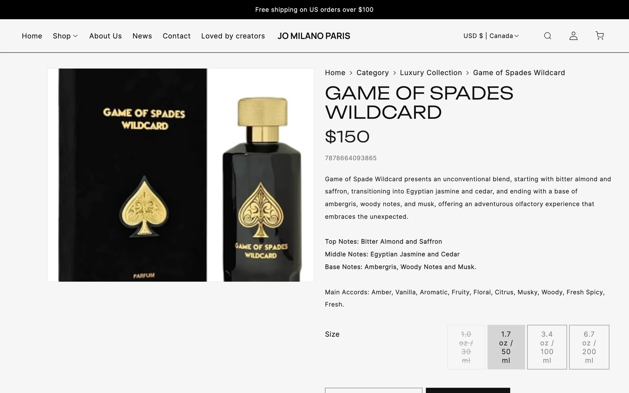 Jo Milano Paris product page for Game of Spades Wildcard listing top, middle and base notes, main accords and size tiles.