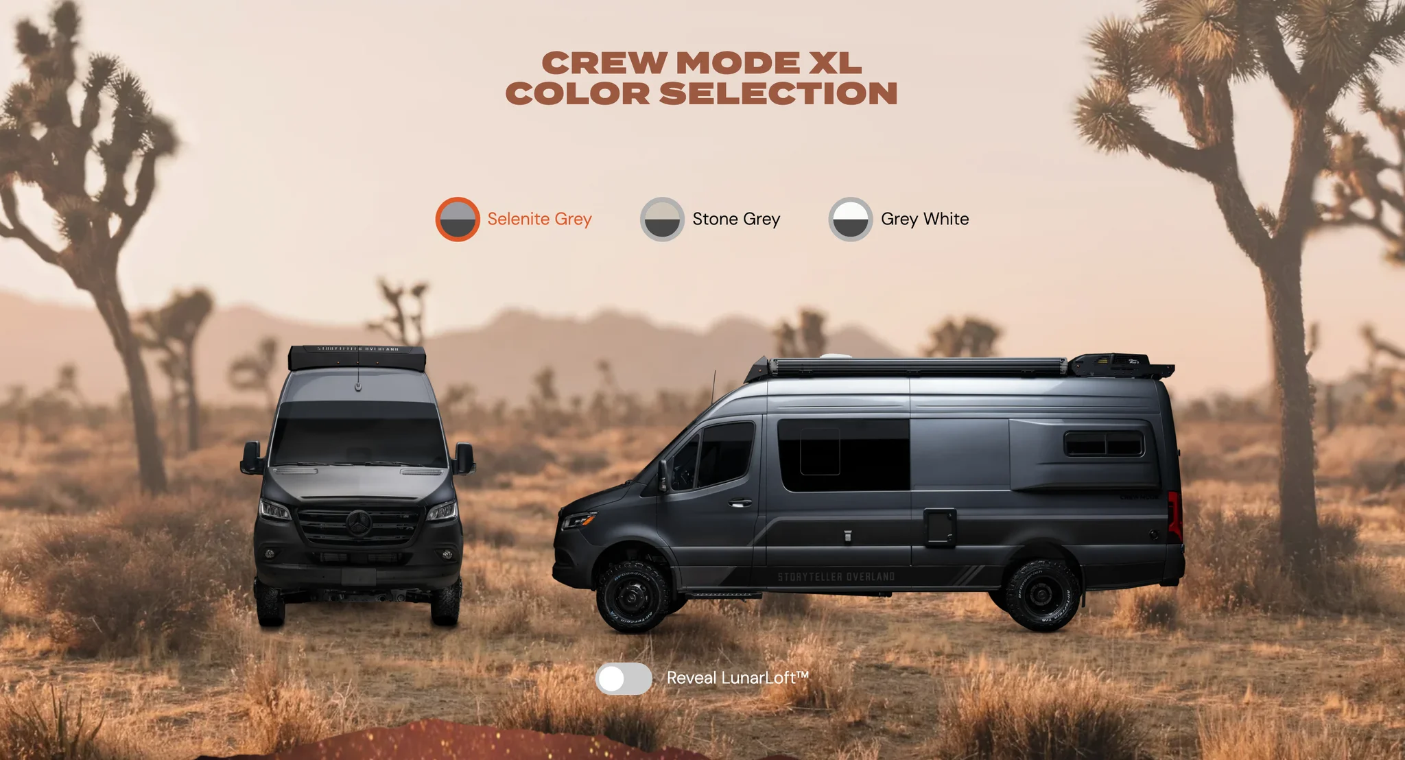 Crew MODE XL colour selection showing the van in Selenite Grey among Joshua trees, with Stone Grey and Grey White options and a pop-up roof toggle