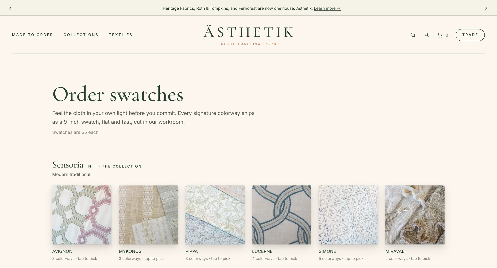 Order swatches page: $5 nine-inch swatches with fabric tiles from the Sensoria collection and their colourway counts
