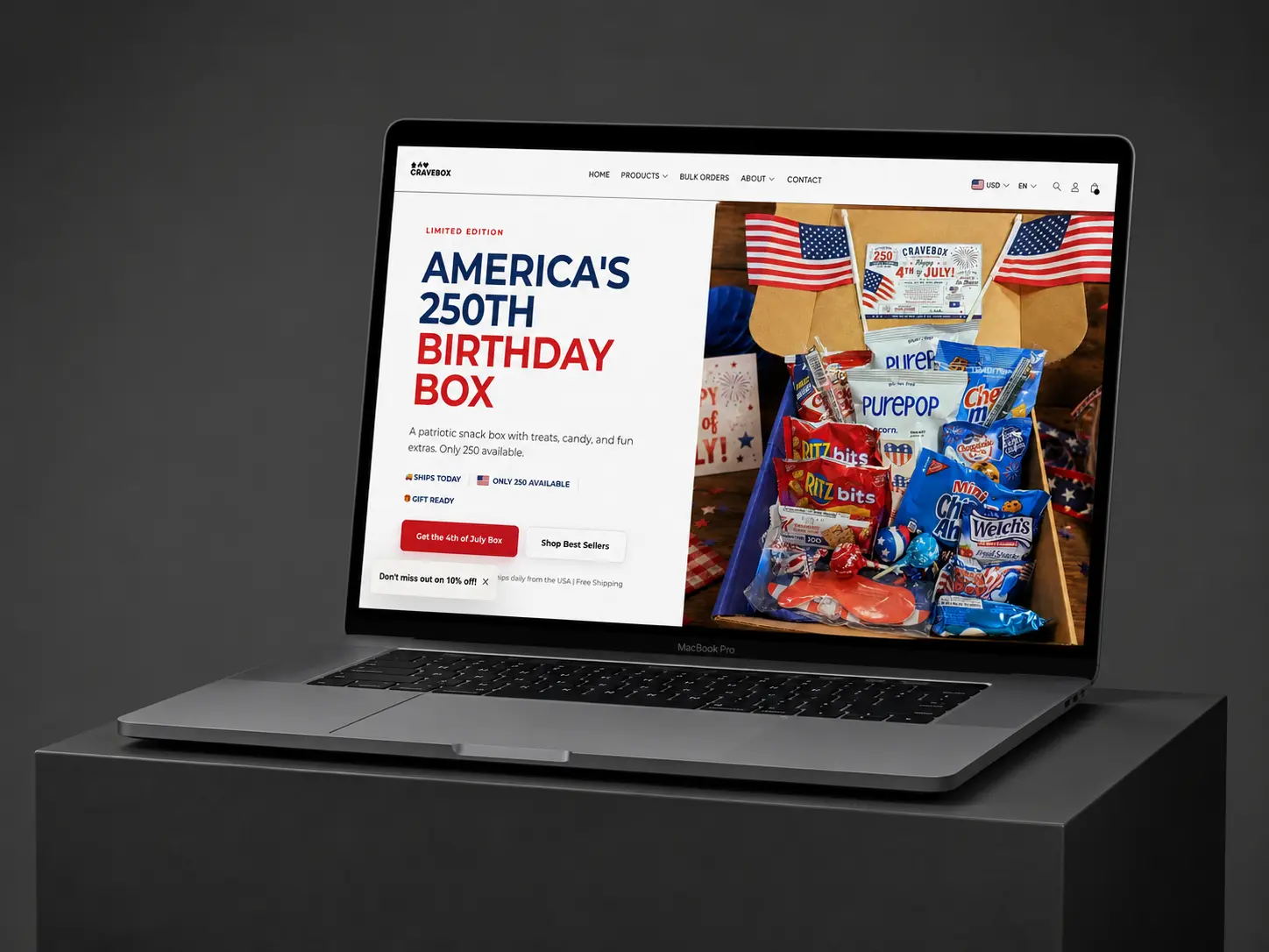 CraveBox snack-box gifting Shopify storefront shown on a desktop mockup, built by EVDEV