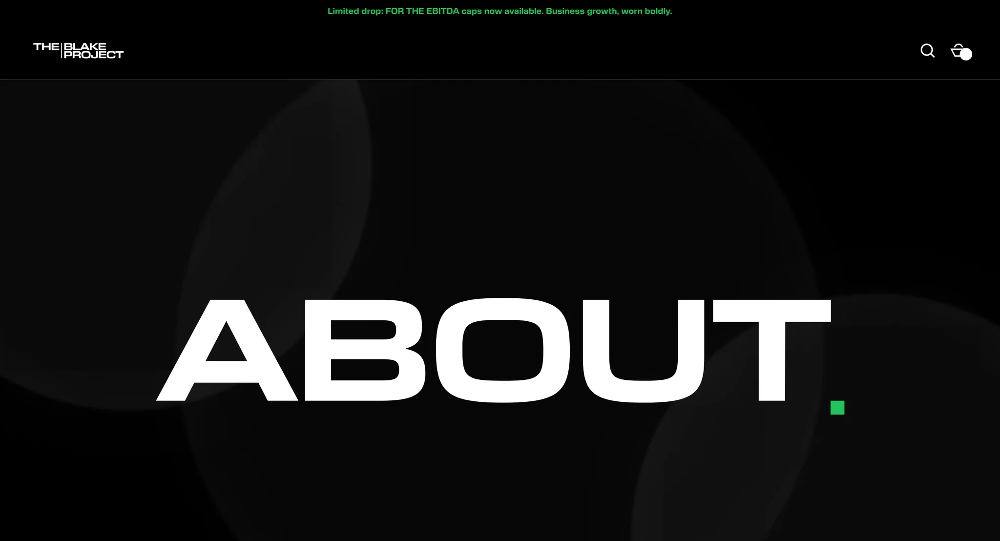 About page hero with a large ABOUT wordmark and a green full stop on black