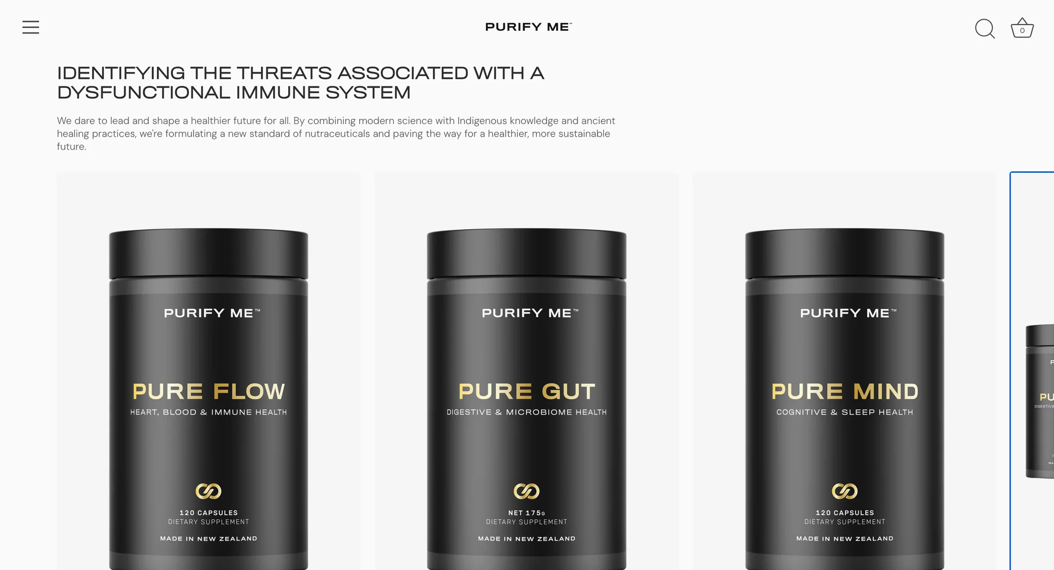 Homepage product carousel with Pure Flow, Pure Gut and Pure Mind jars in black and gold