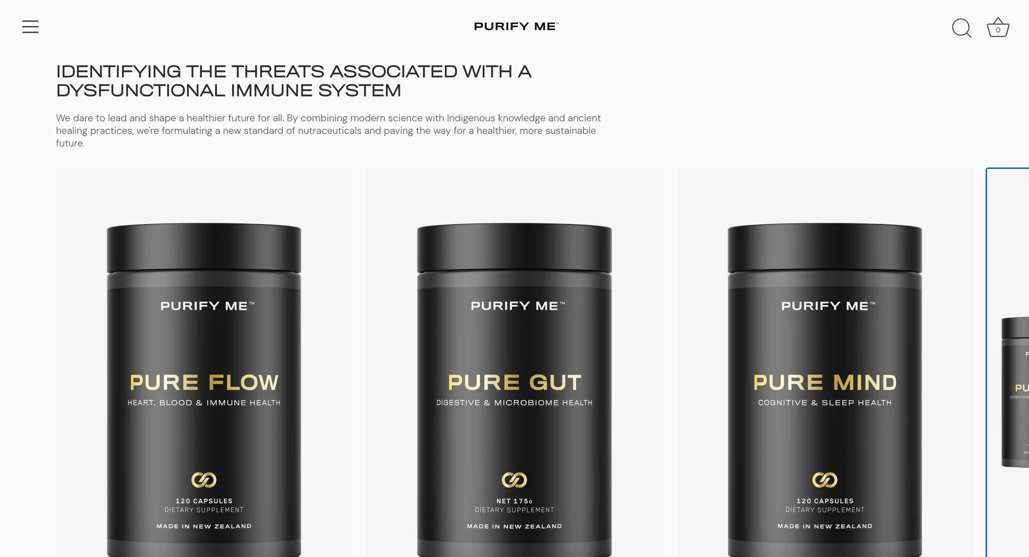 Homepage product carousel with Pure Flow, Pure Gut and Pure Mind jars in black and gold