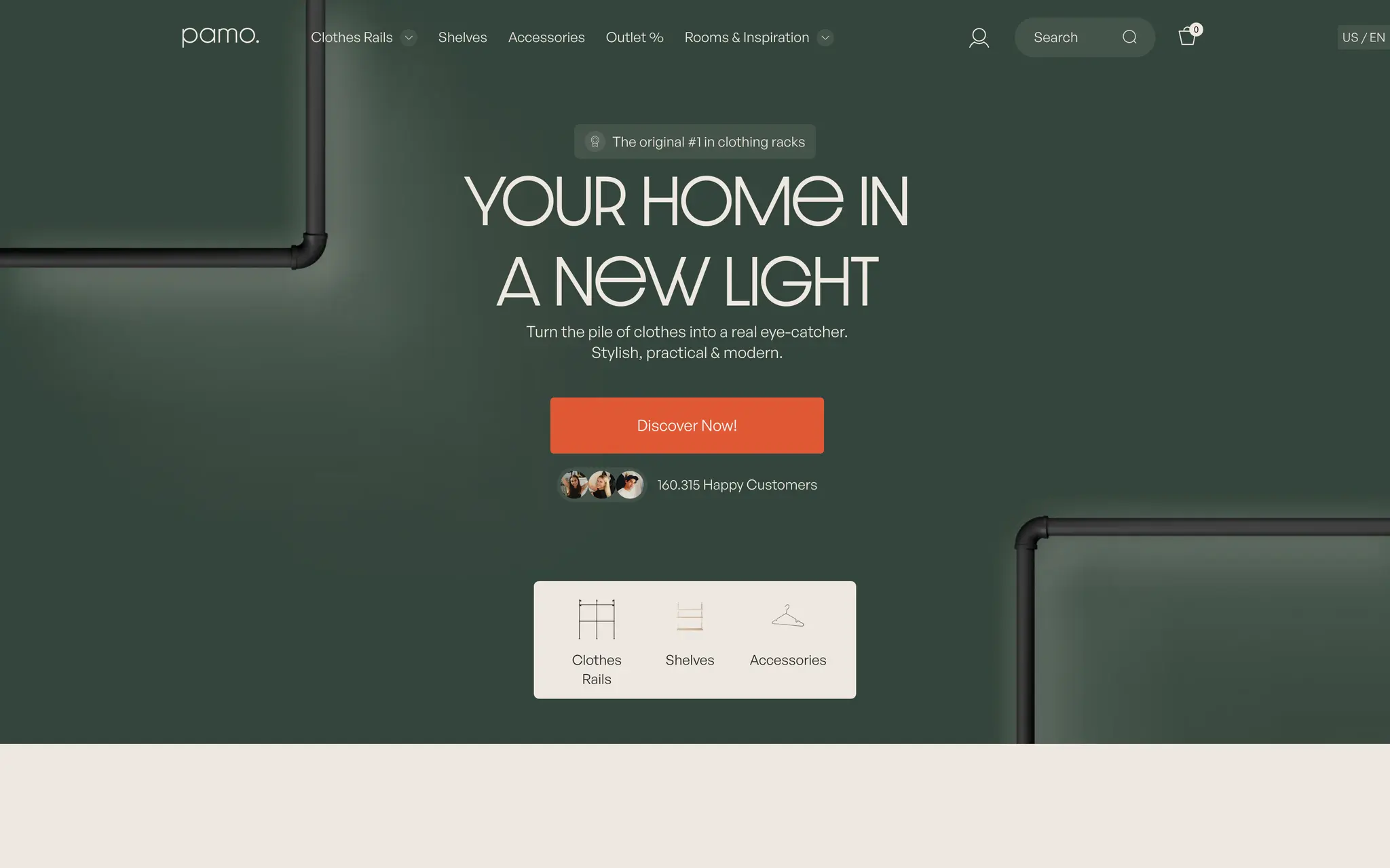 pamo. homepage hero on desktop with the “Your home in a new light” headline over a dark green studio scene, a Discover Now call to action, and quick links to clothes rails, shelves and accessories.