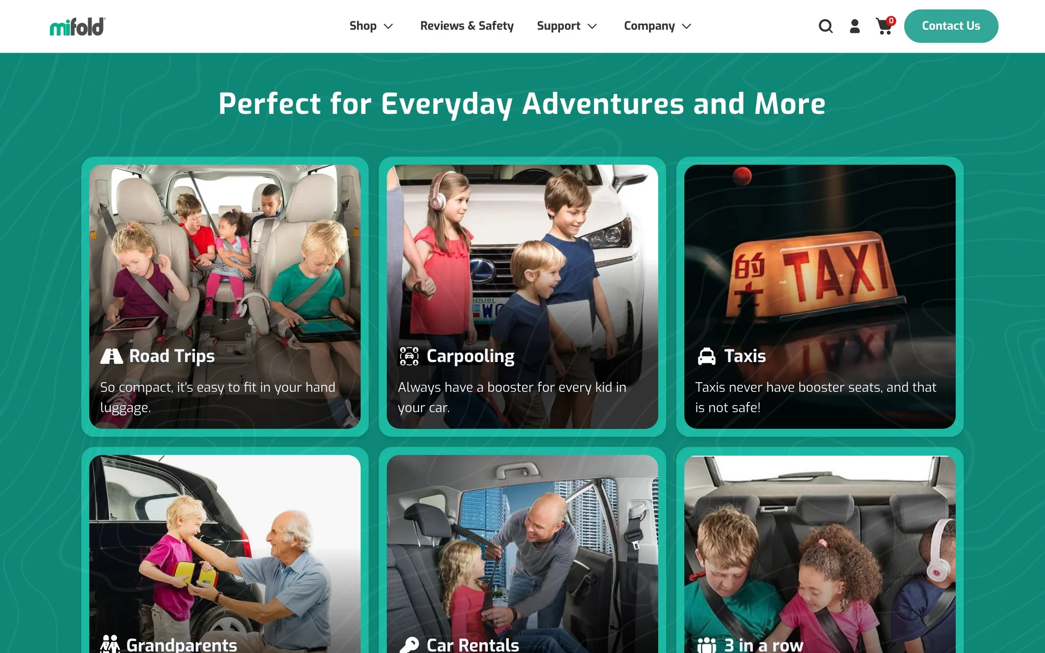 Mifold use-case section with photo cards for road trips, carpooling, taxis, grandparents, car rentals and three kids in a row.
