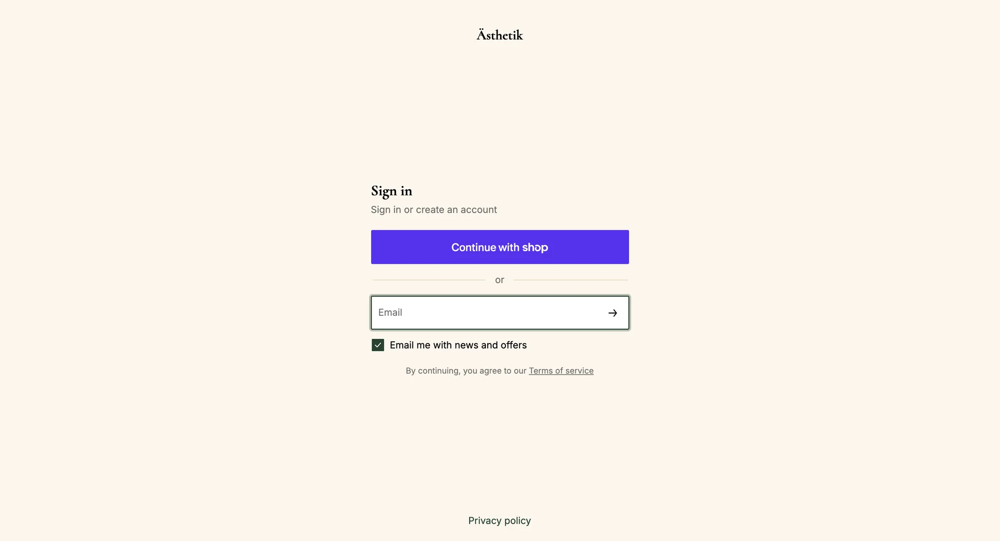 Ästhetik sign-in page on Shopify customer accounts with a Continue with Shop button and an email field