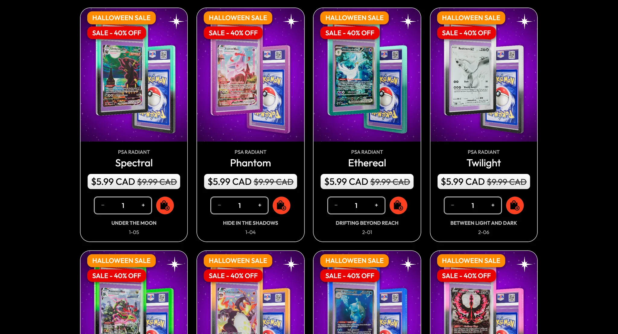 Radiant rows of the Guards collection: Spectral, Phantom, Ethereal and Twilight cards on purple starfields with a four-point star mark, each $5.99 CAD against $9.99, with Halloween Sale badges, quantity steppers and add to cart buttons