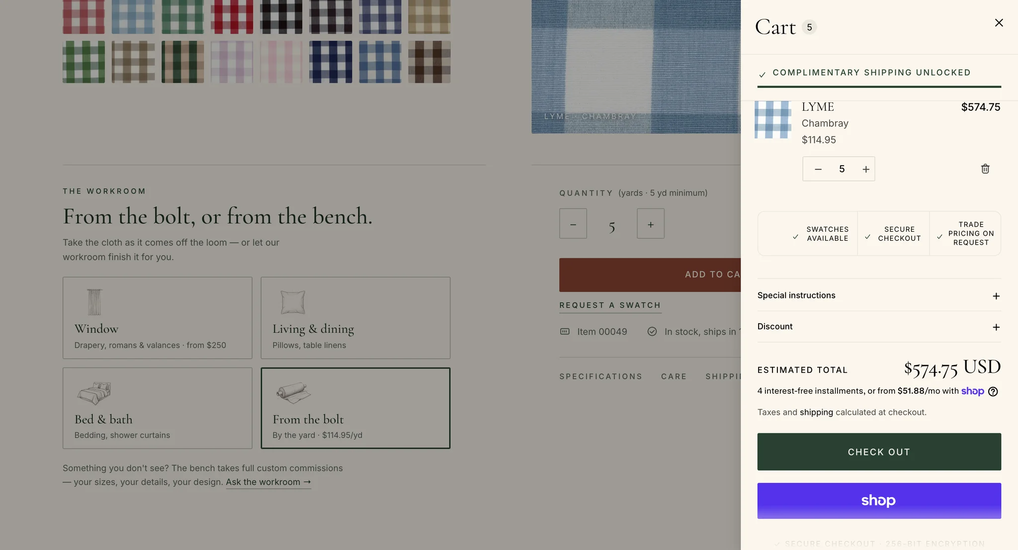 Cart drawer with 5 yards of Lyme Chambray at $574.75, a complimentary shipping message, a trade pricing note and Checkout and Shop Pay buttons