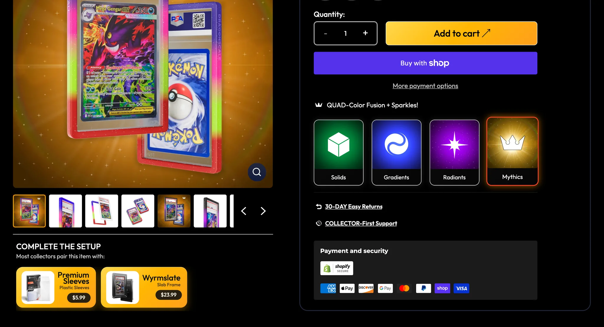 Lower Mythic guard buy box: Add to cart and Buy with Shop buttons, a QUAD-Color Fusion selector with Solids, Gradients, Radiants and Mythics tiles, Mythics outlined in orange, and a Complete the Setup row with Premium Sleeves and the Wyrmslate frame