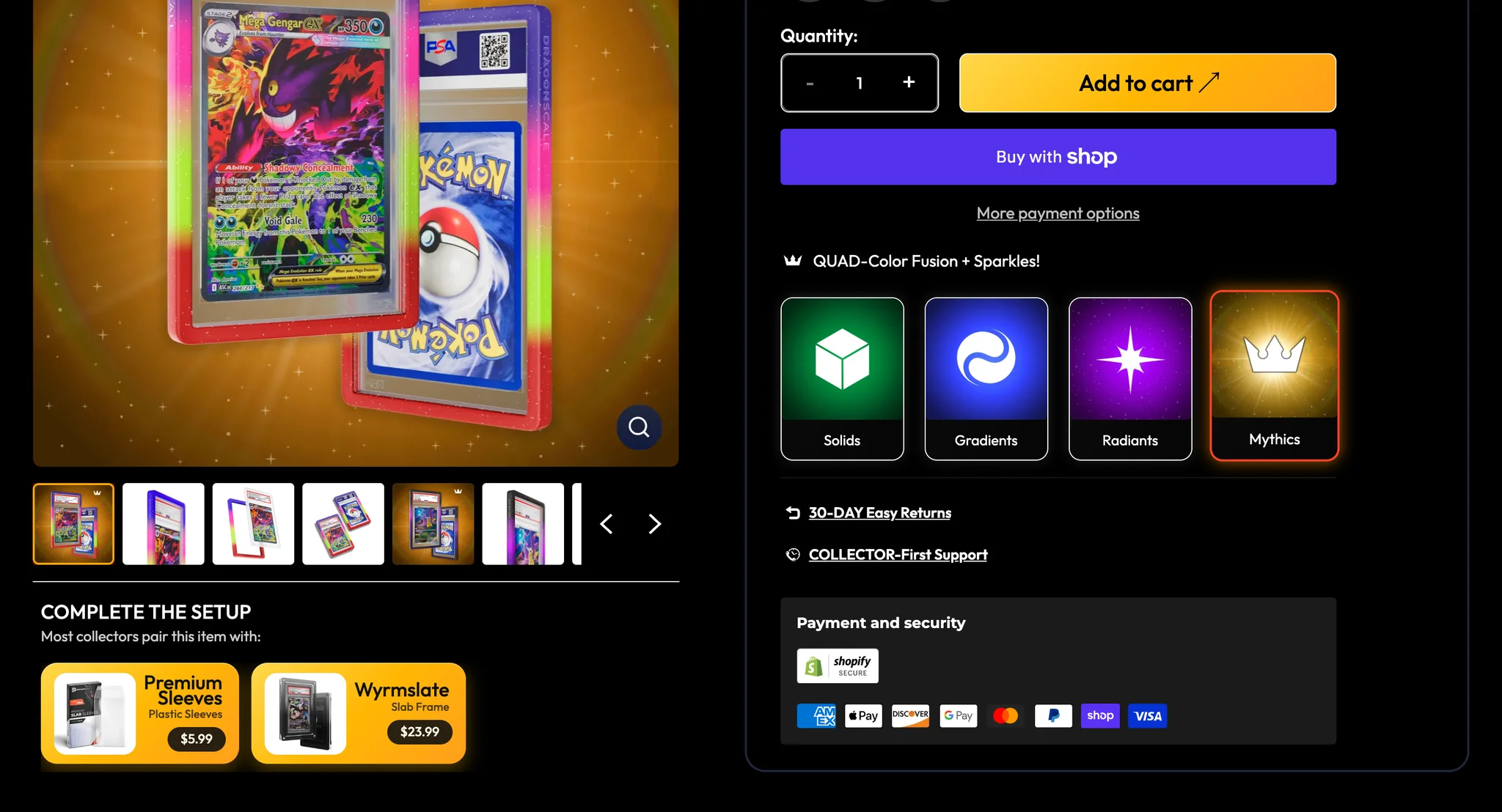 Lower Mythic guard buy box: Add to cart and Buy with Shop buttons, a QUAD-Color Fusion selector with Solids, Gradients, Radiants and Mythics tiles, Mythics outlined in orange, and a Complete the Setup row with Premium Sleeves and the Wyrmslate frame