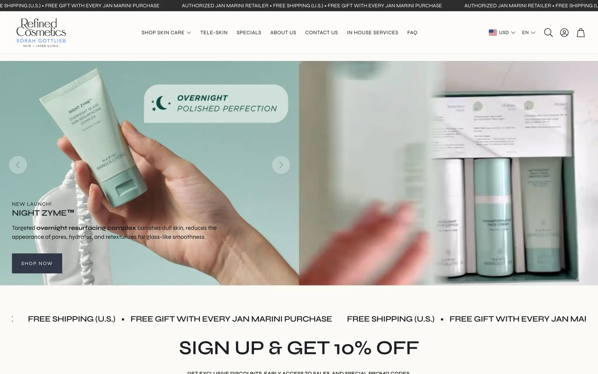 Refined Cosmetics homepage hero promoting the Night Zyme overnight resurfacing complex, with a Shop Now button beside product photography and a scrolling free-shipping announcement bar.