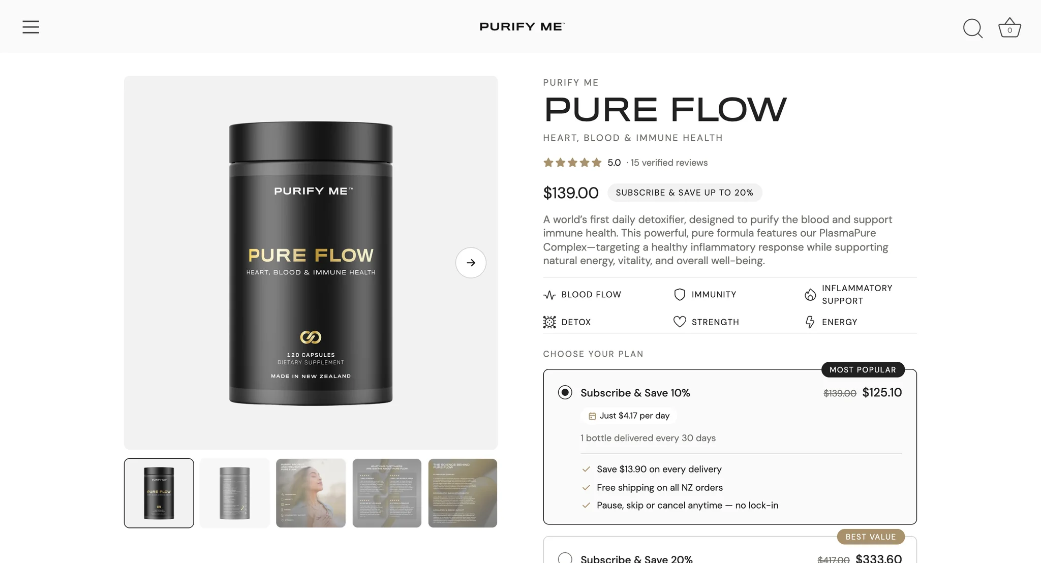 Pure Flow product page with the jar, a five star rating, benefit icons and the start of the plan picker