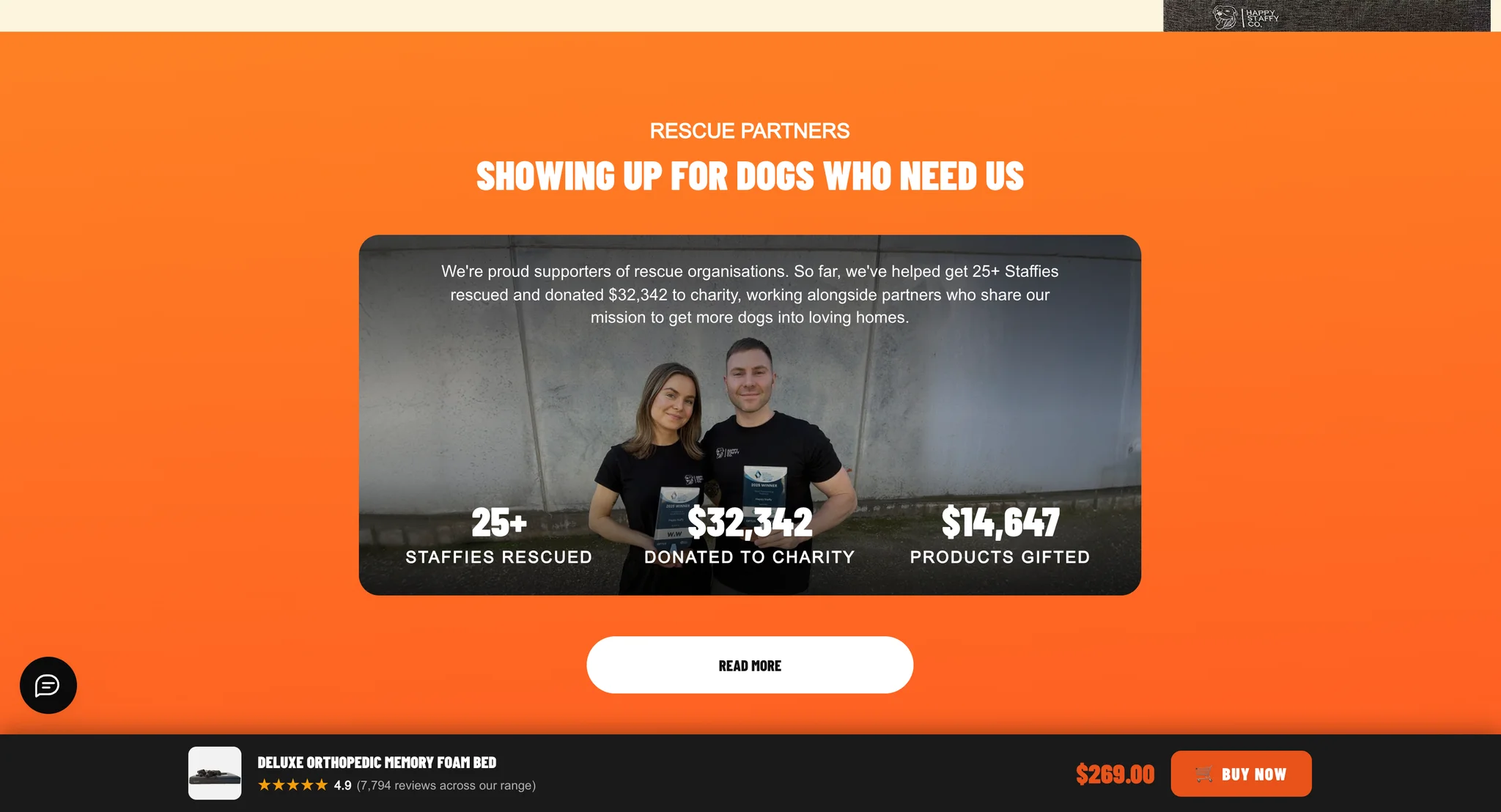 Rescue partners section with a team photo and the figures 25+ Staffies rescued, $32,342 donated to charity and $14,647 in products gifted
