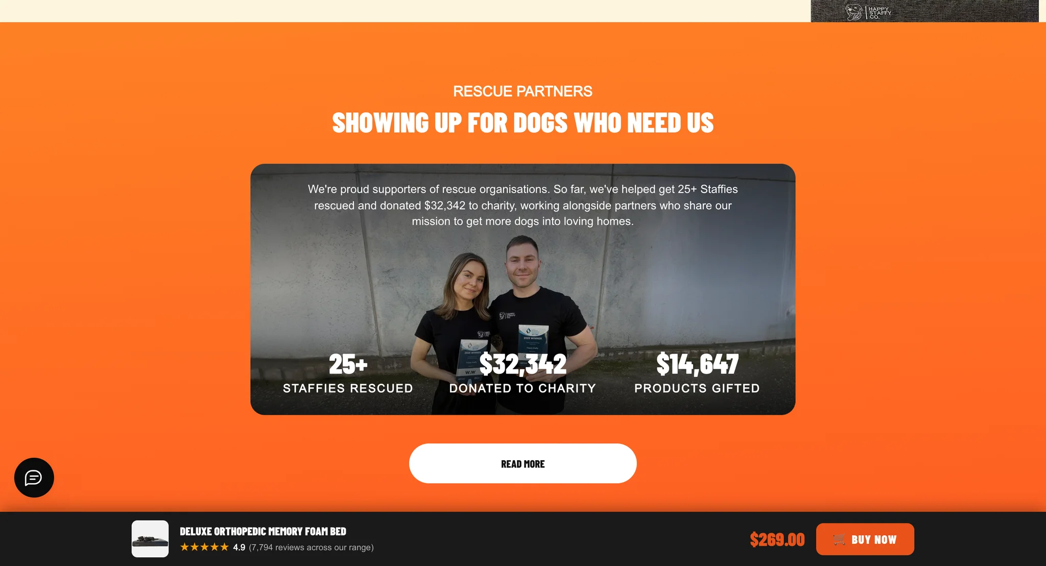 Rescue partners section with a team photo and the figures 25+ Staffies rescued, $32,342 donated to charity and $14,647 in products gifted